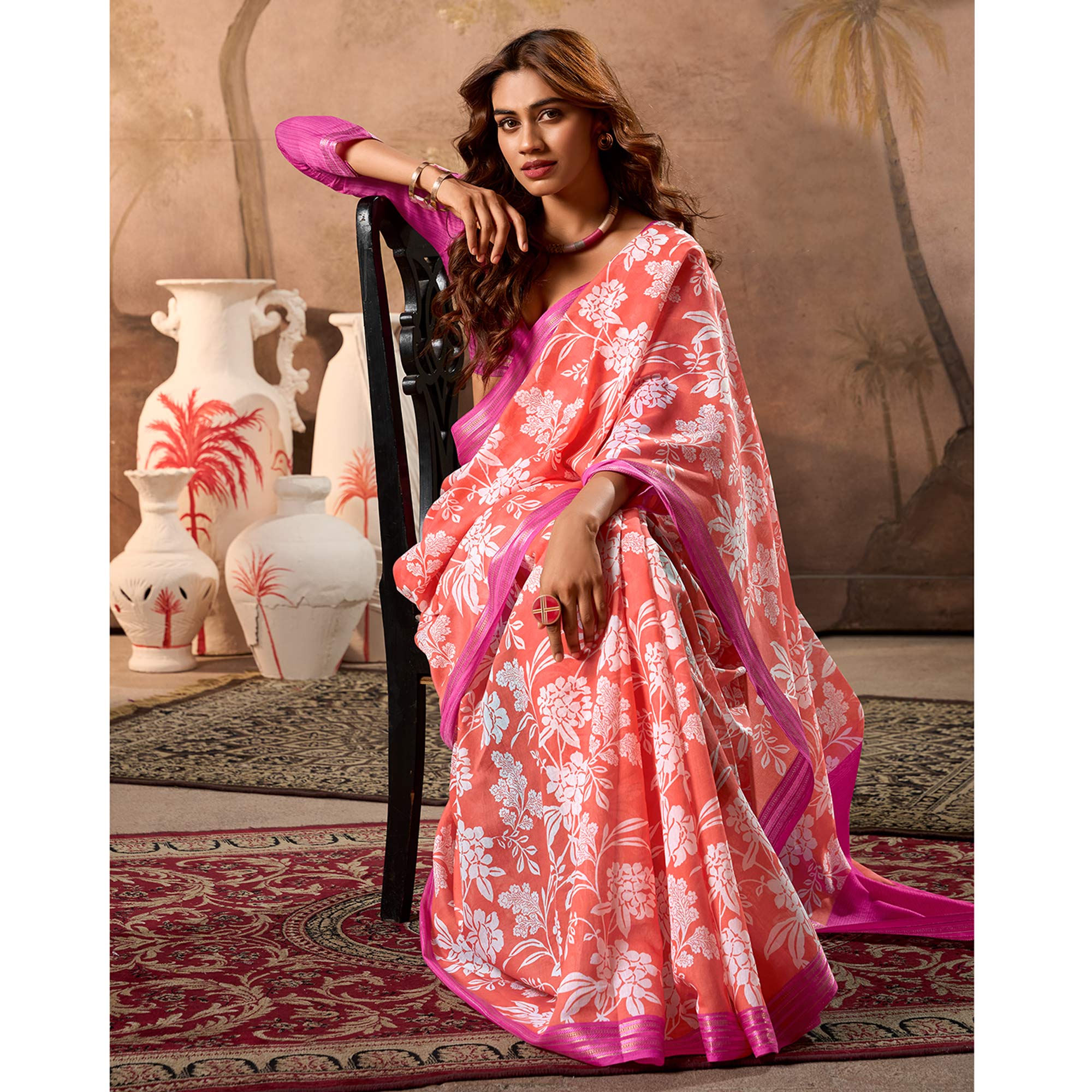 Peach Floral Printed Pure Cotton Saree - Image 3