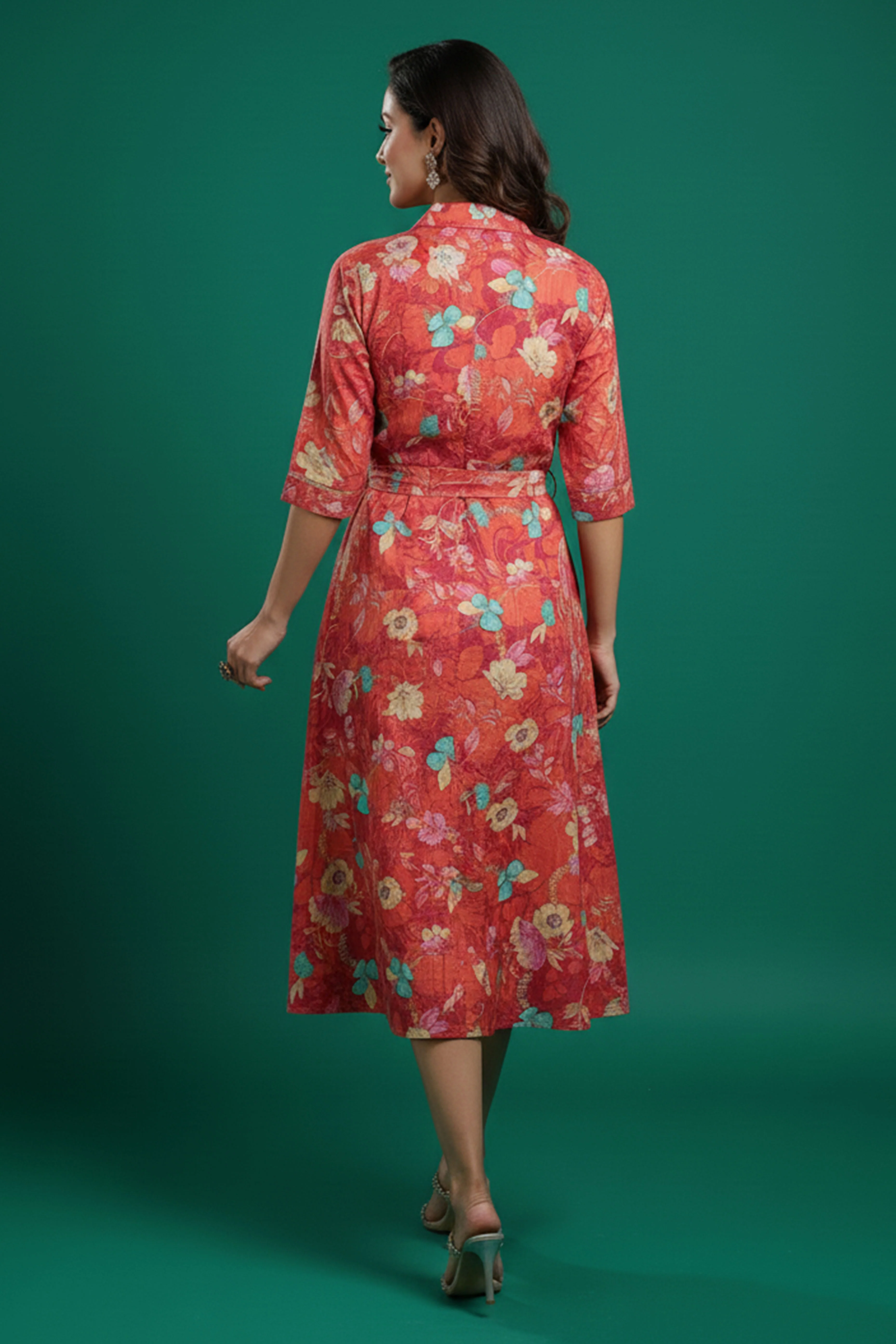 Peach Floral Printed Rayon Denting Slub A-Line Dress - Image 3