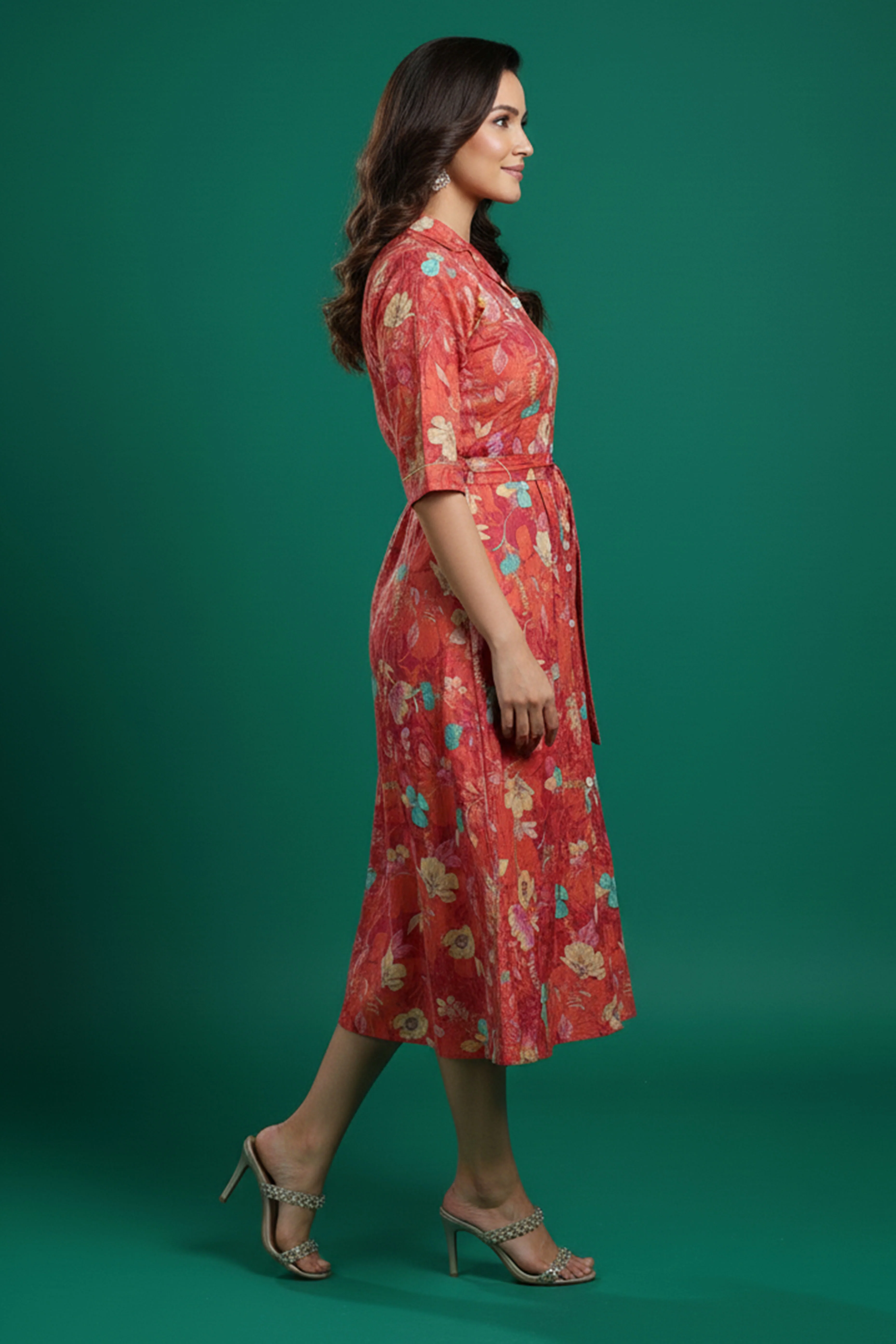 Peach Floral Printed Rayon Denting Slub A-Line Dress - Image 4