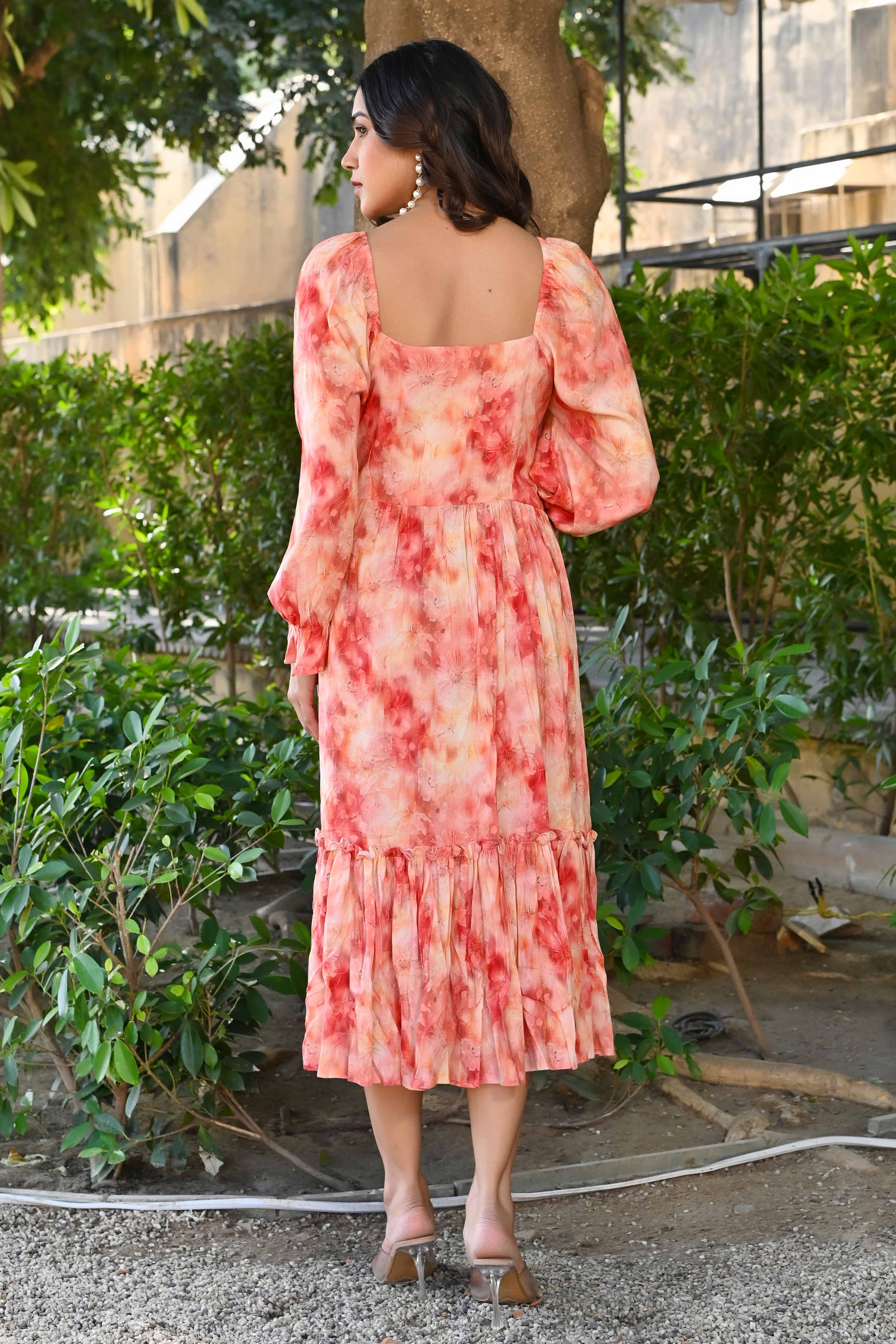 Peach Floral Printed Rayon Maxi Dress - Image 6