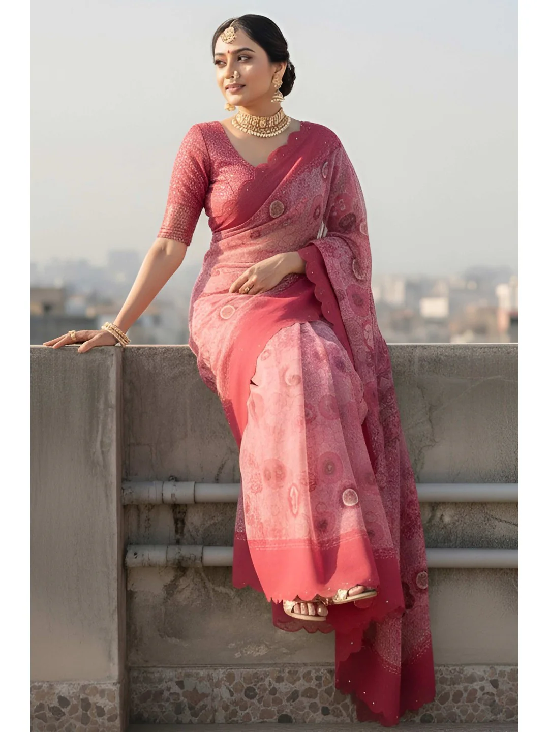 Peach Floral Embellished Shimmer Silk Party Wear Saree with Beads Work - Image 3