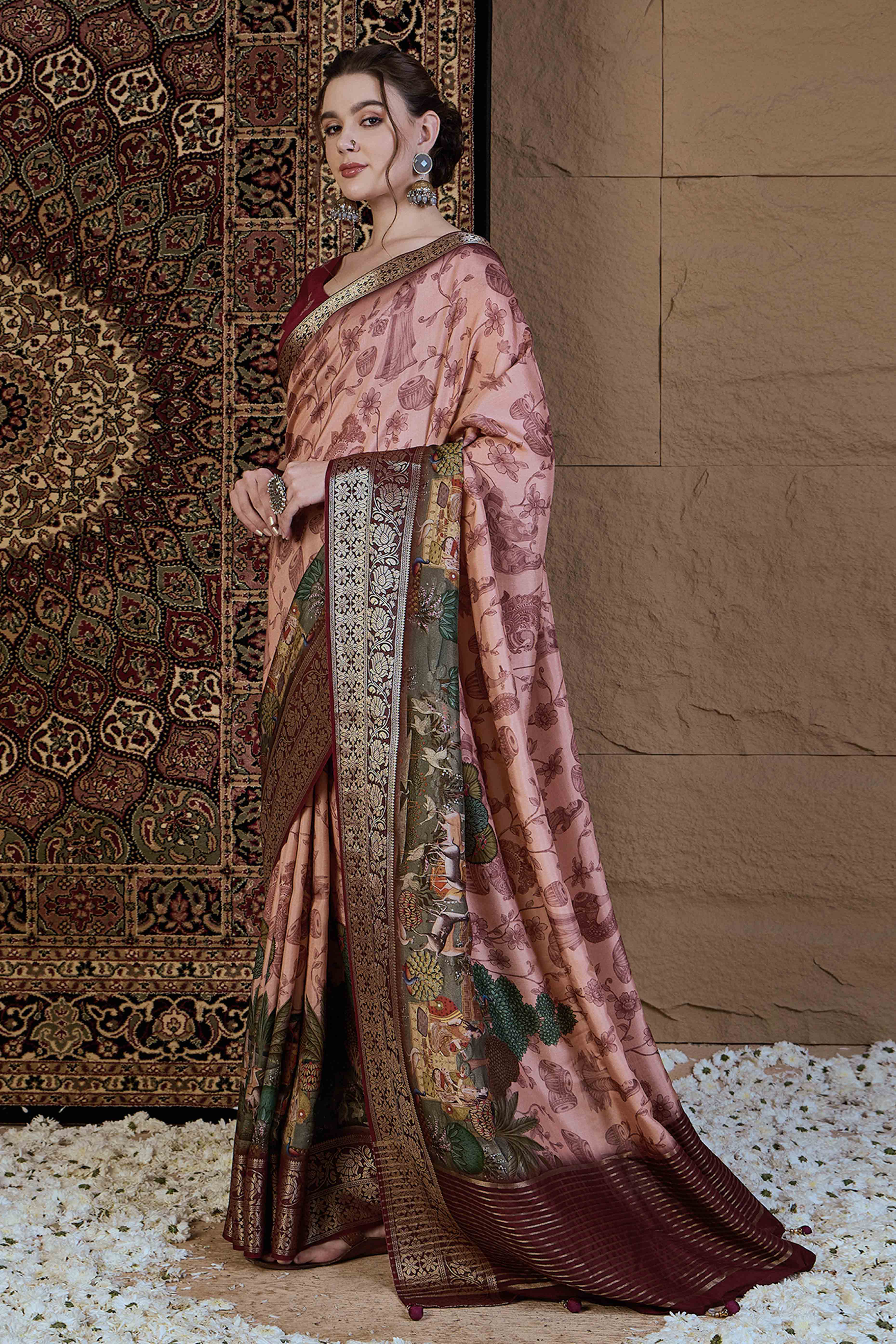 Peach Floral Printed Viscose Saree - Image 4