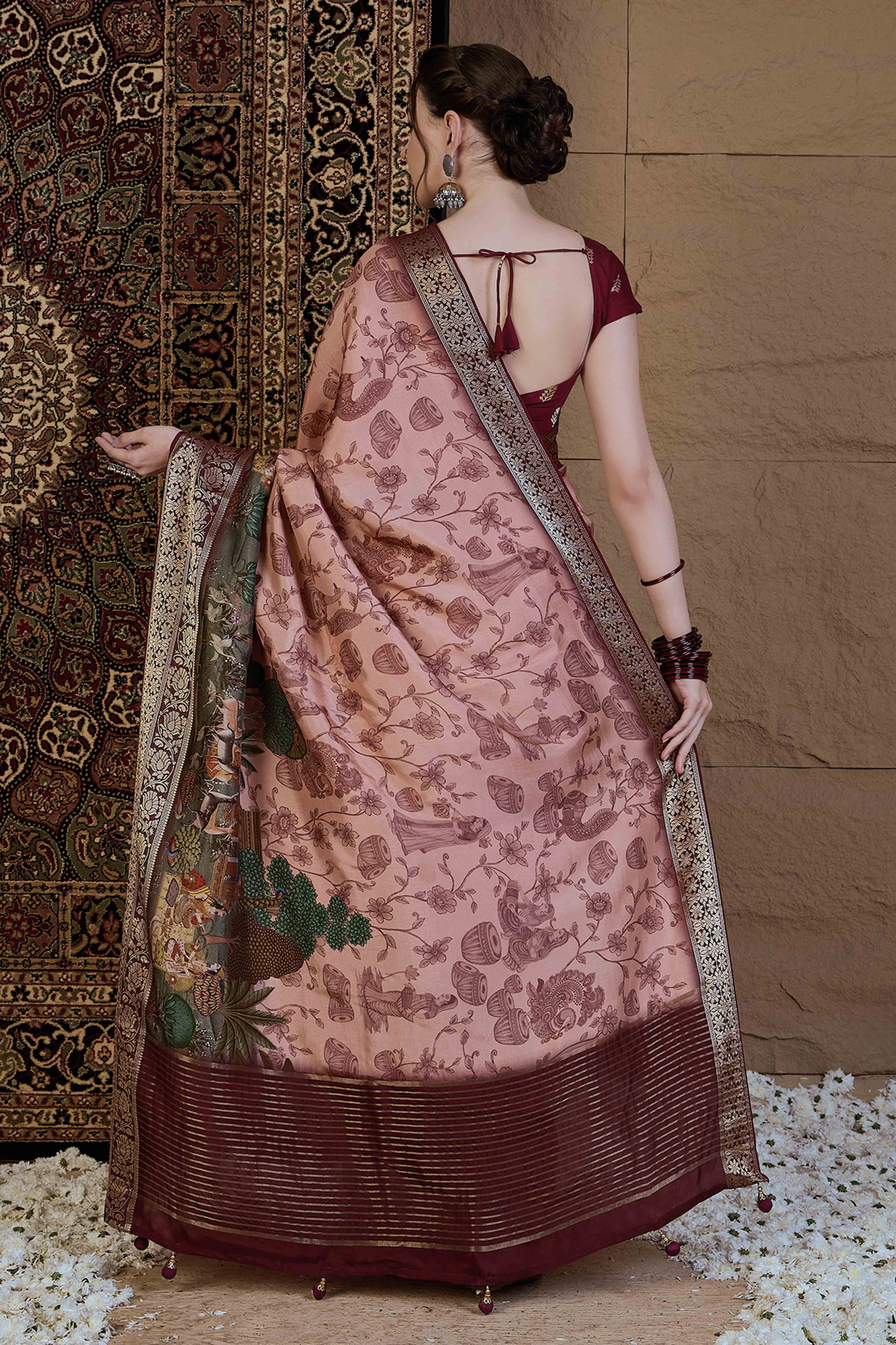 Peach Floral Printed Viscose Saree - Image 5