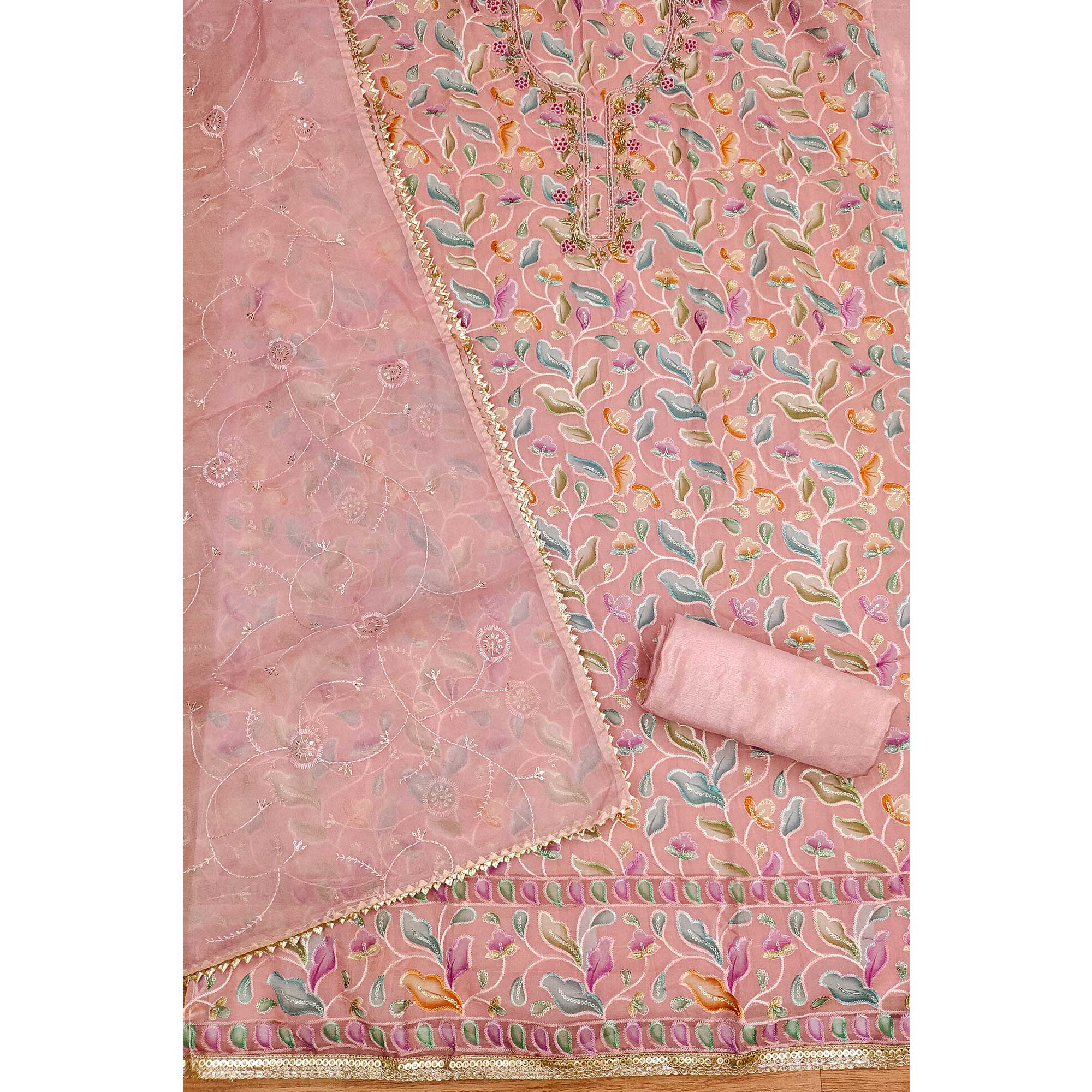 Peach Floral Printed With Hand Embroidered Organza Dress Material - Image 4
