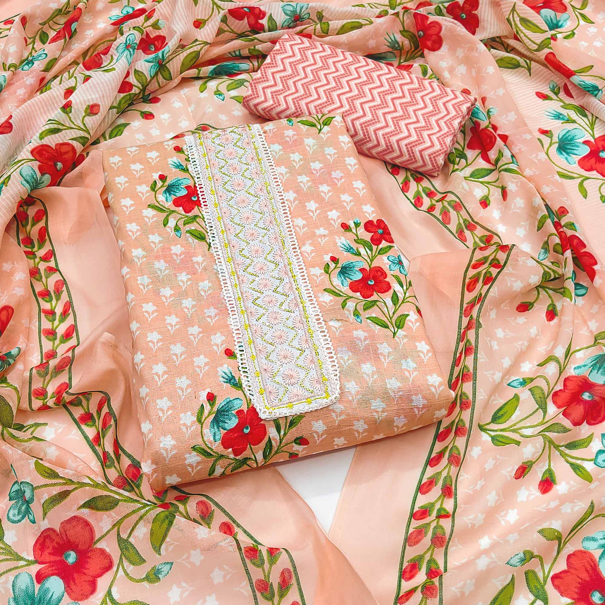 Peach Floral Printed With Sequins Embroidered Pure Cotton Dress Material - Image 3