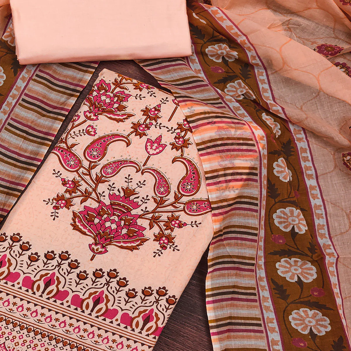 Peach Floral Printed With Stonework Pure Cotton Dress Material - Image 2