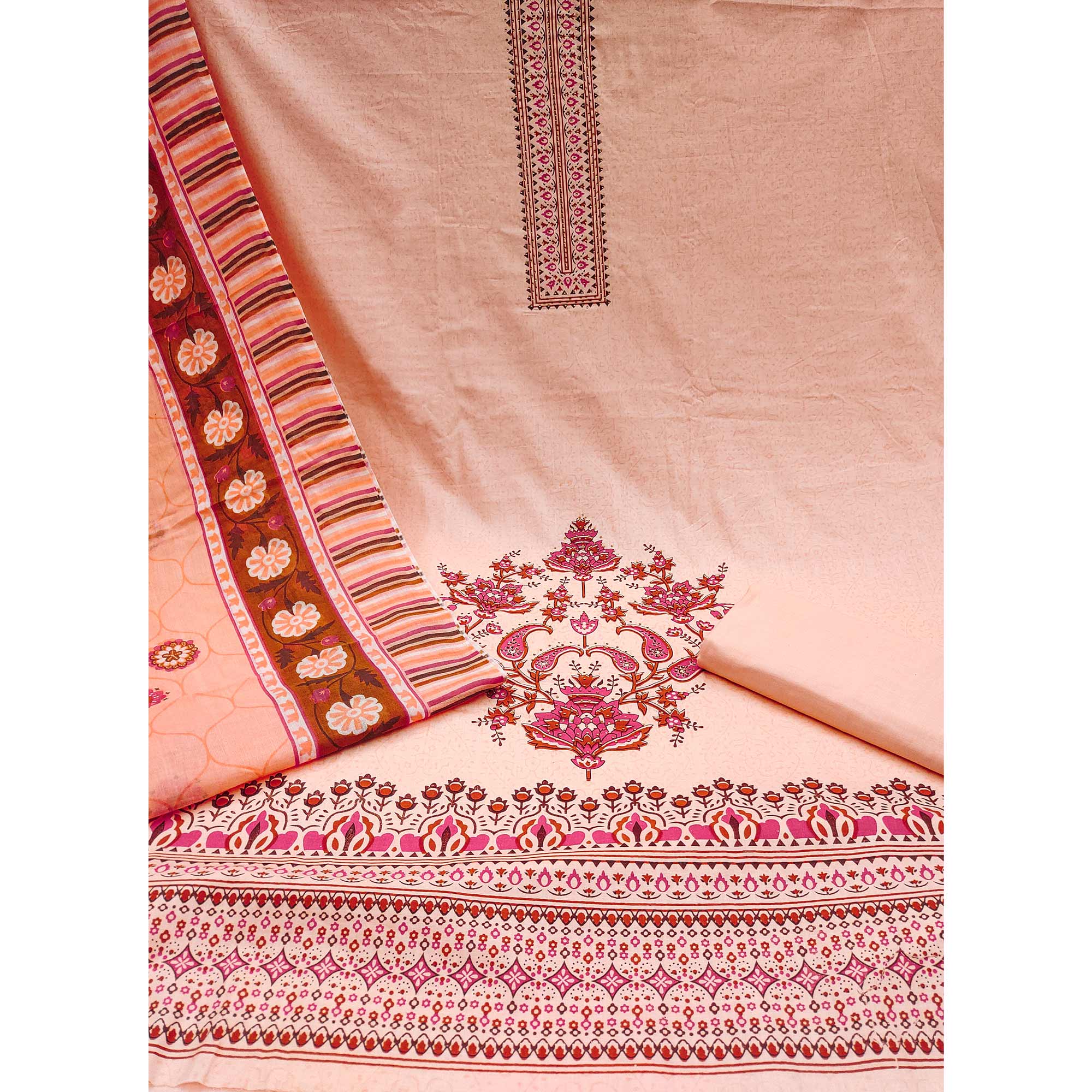 Peach Floral Printed With Stonework Pure Cotton Dress Material - Image 3