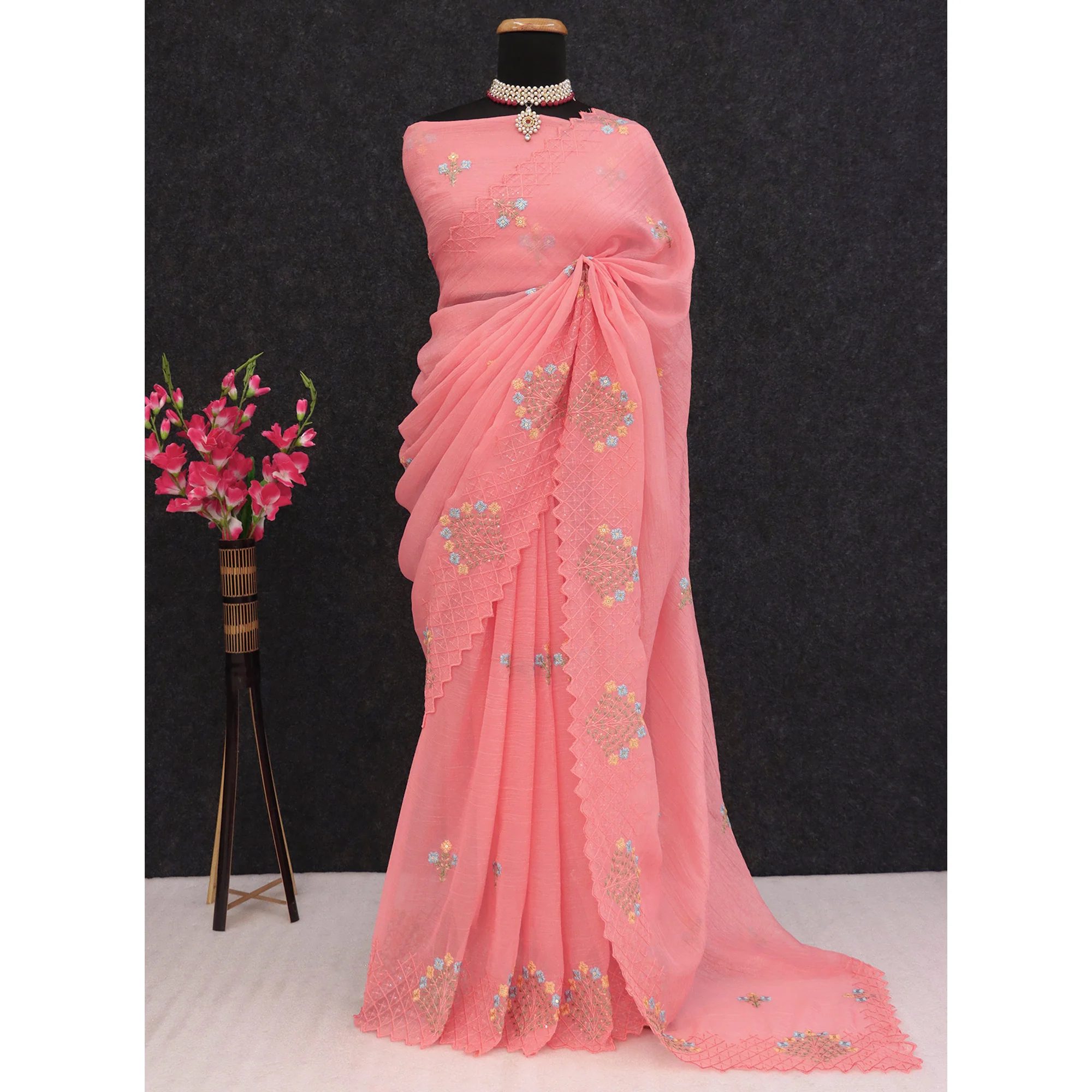 Peach Floral Sequins Embroidered Art Silk Crush Saree - Image 6