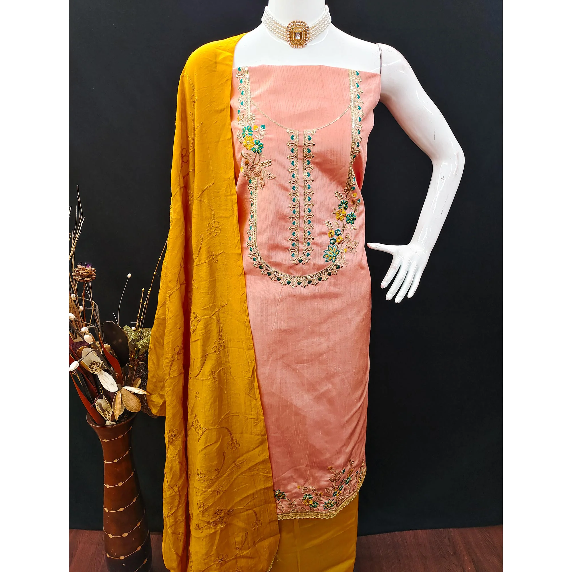 Peach Floral Sequins Embroidered Art Silk Dress Material - Image 5