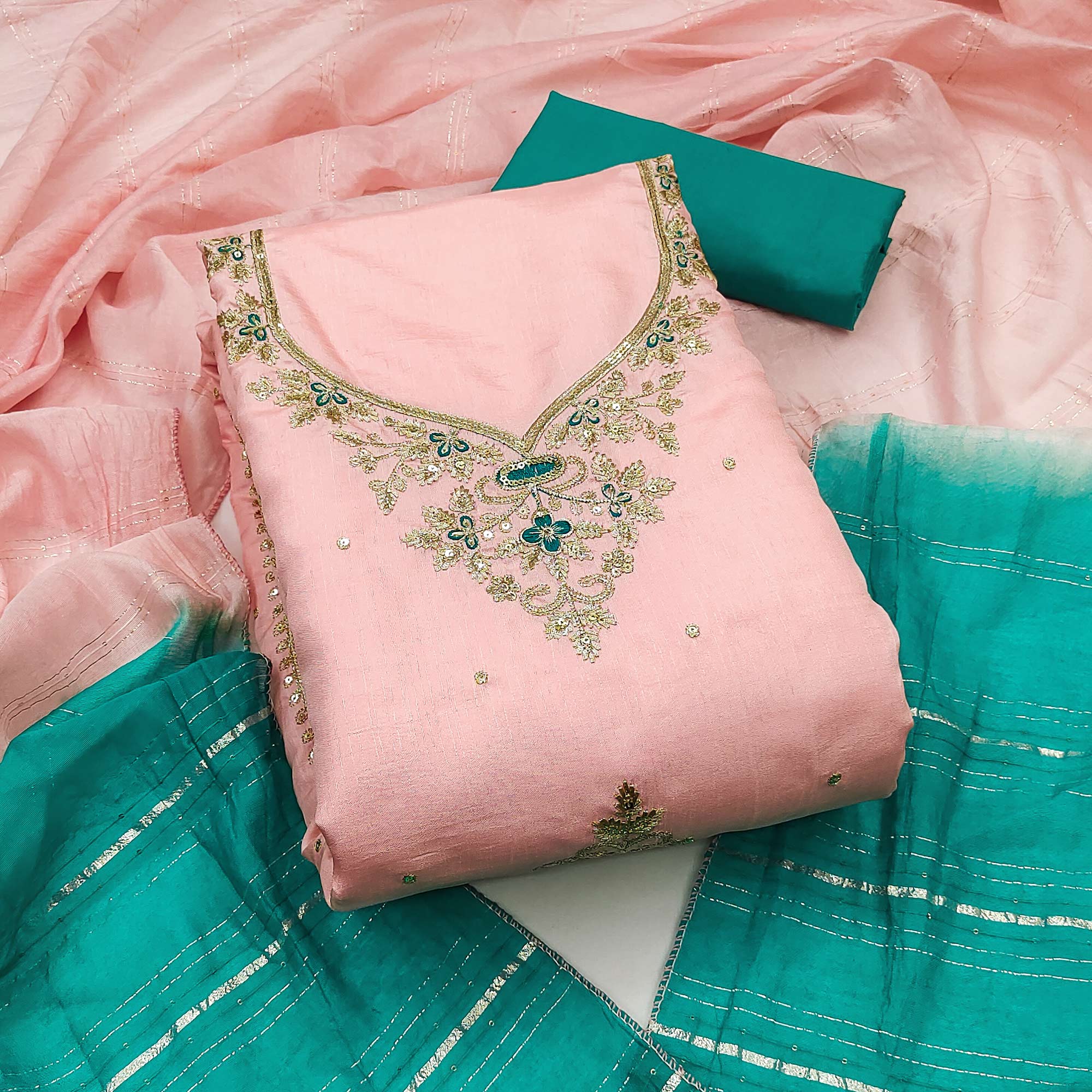 Peach Floral Sequins Embroidered Art Silk Dress Material - Image 3
