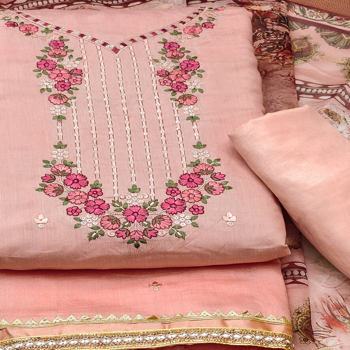 Peach Floral Sequins Embroidered Chanderi Silk Dress Material - Image 2