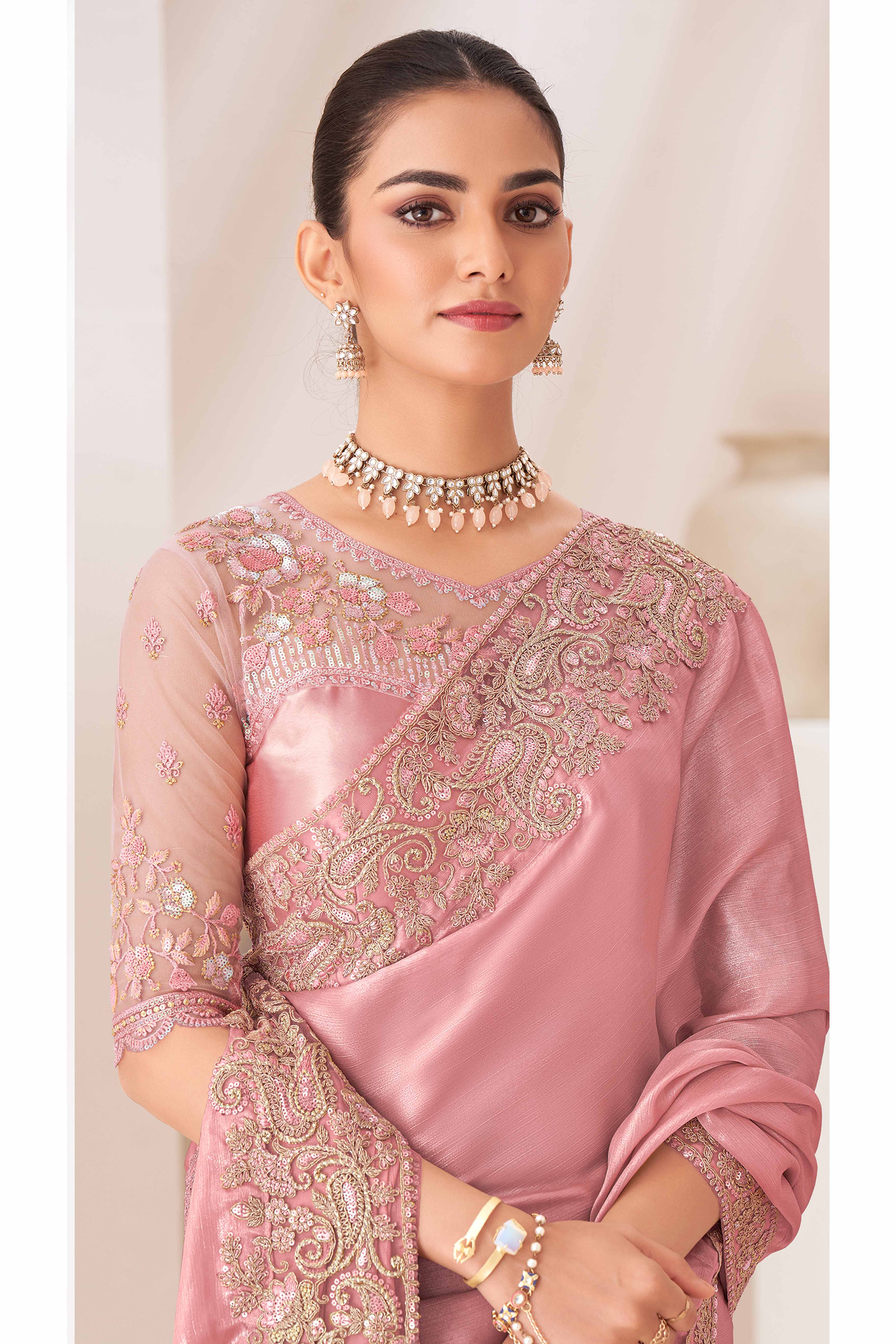 Peach Floral Sequins Embroidered Chiffon Saree - Image 3