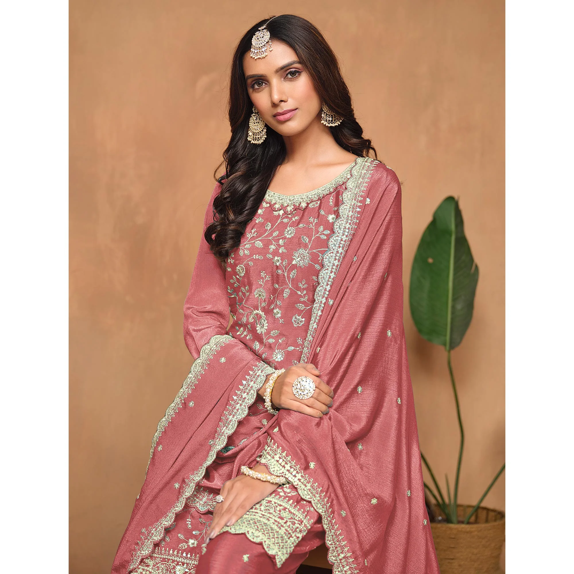 Peach Floral Sequins Embroidered Chinon Semi Stitched Palazzo Suit - Image 6