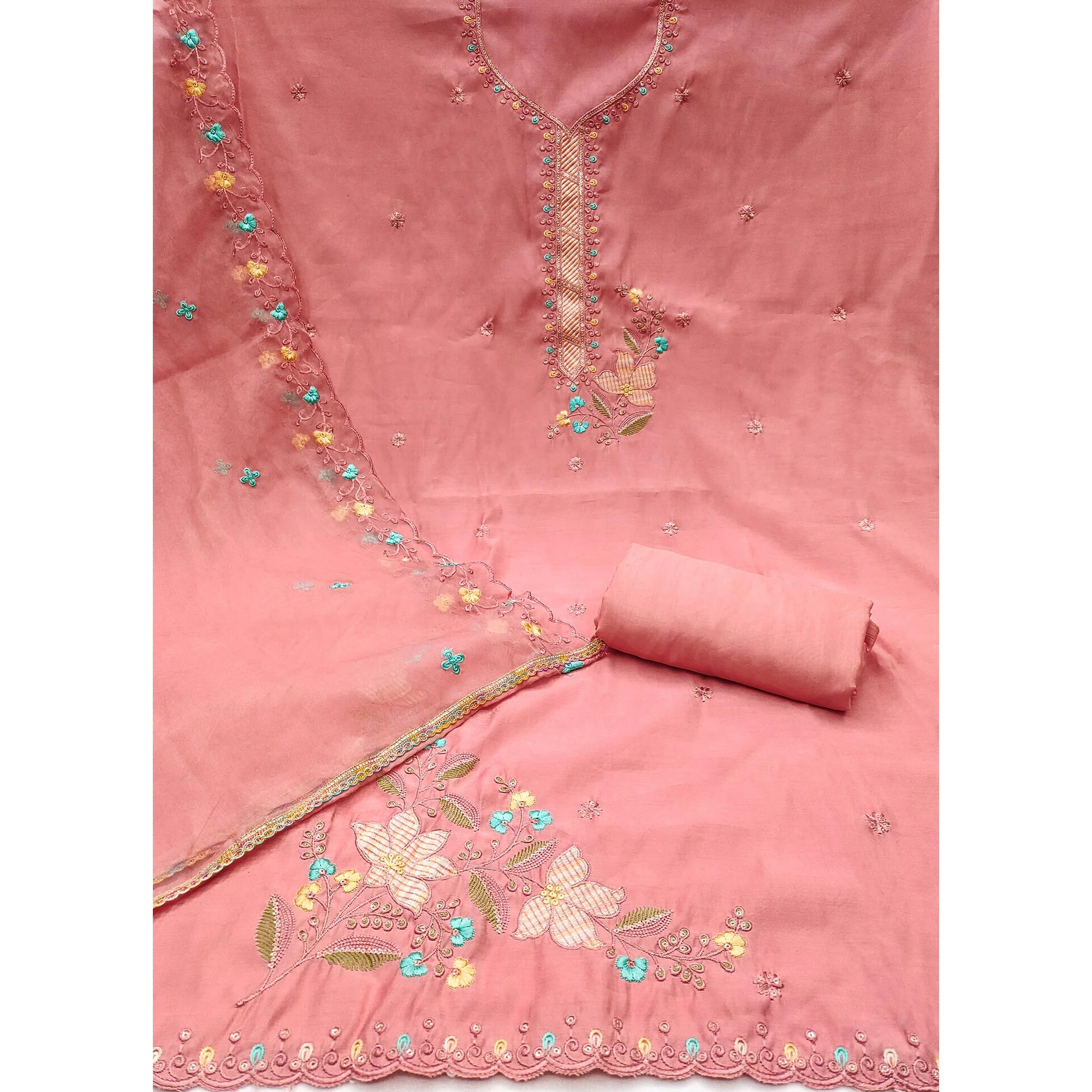 Peach Floral Sequins Embroidered Cotton Silk Dress Material - Image 4