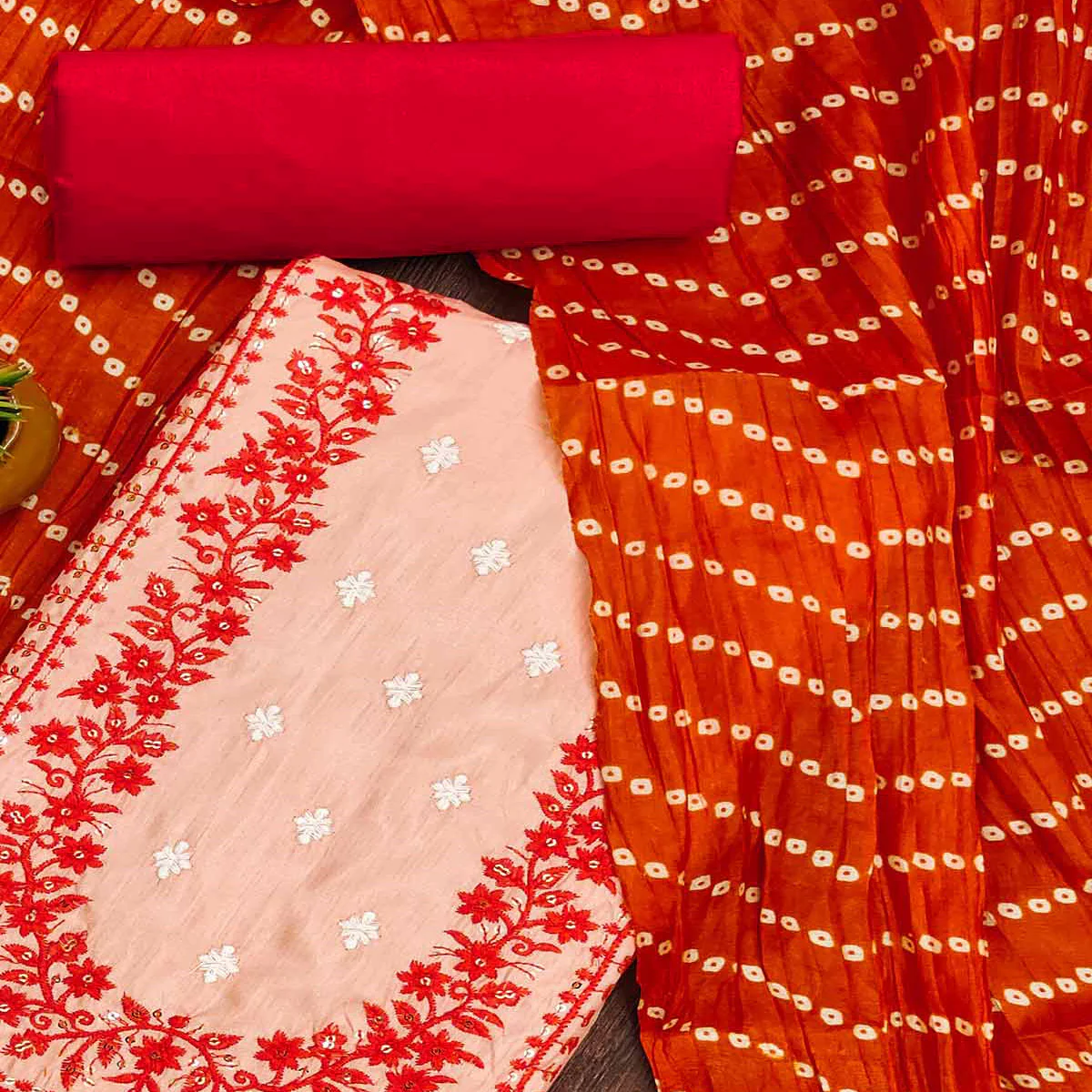 Peach Floral Sequins Embroidered Cotton Silk Dress Material - Image 2