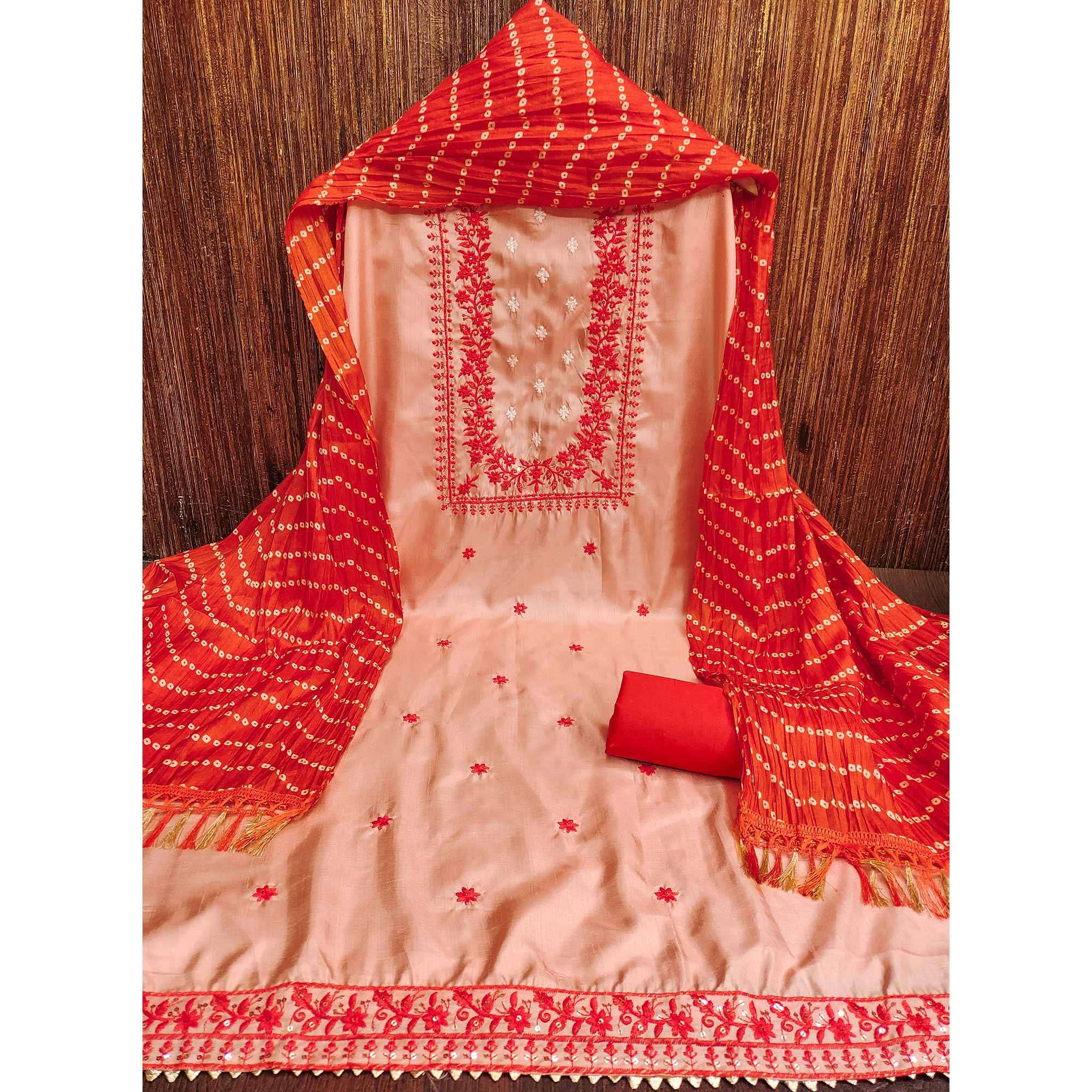 Peach Floral Sequins Embroidered Cotton Silk Dress Material - Image 3