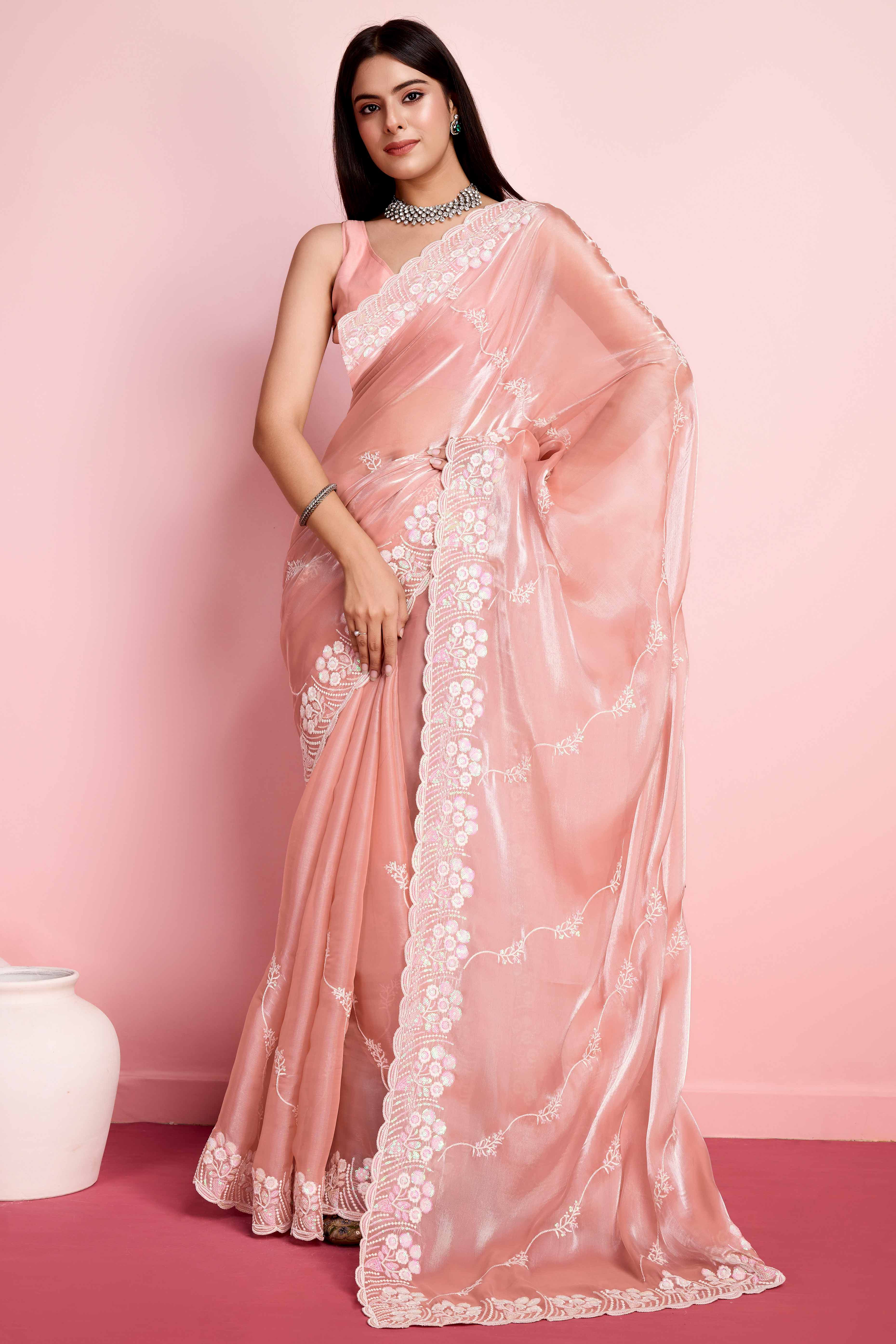 Peach Floral Sequins Embroidered Jimmy Choo Tissue Saree - Image 3