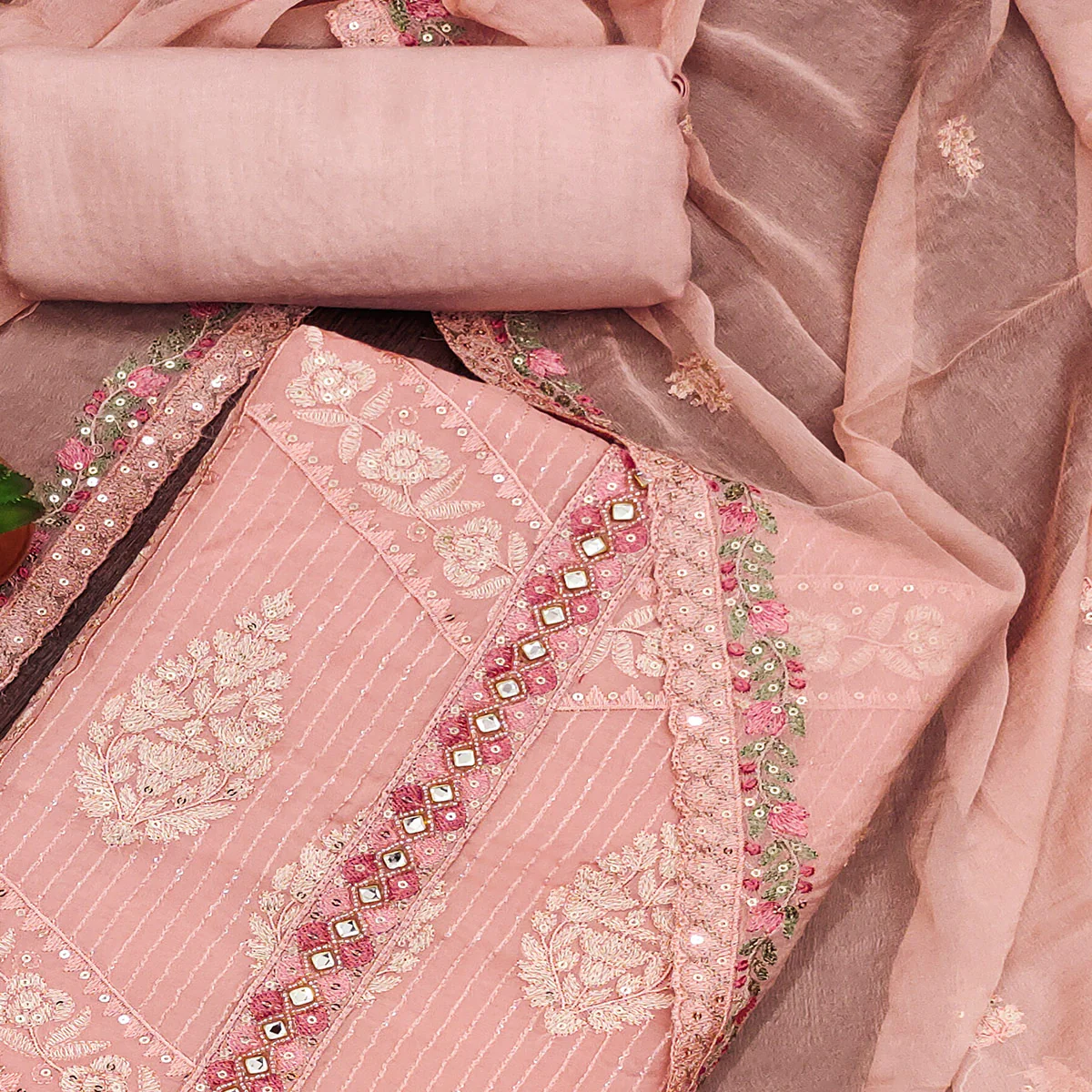 Peach Floral Sequins Embroidered Organza Dress Material - Image 2