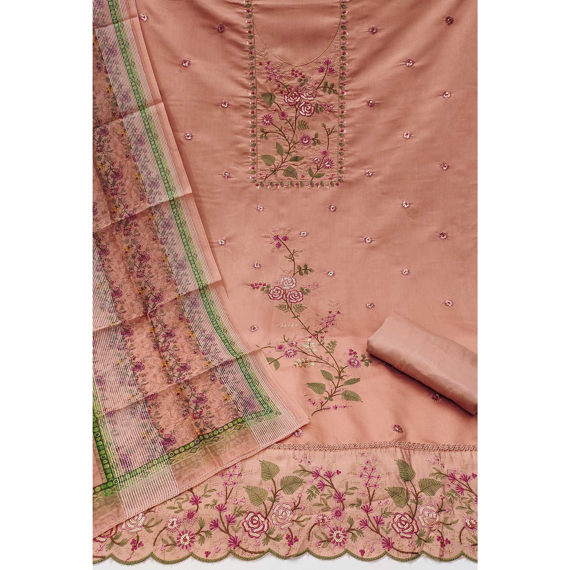 Peach Floral Sequins Embroidered Roman Cotton Silk Dress Material - Image 3