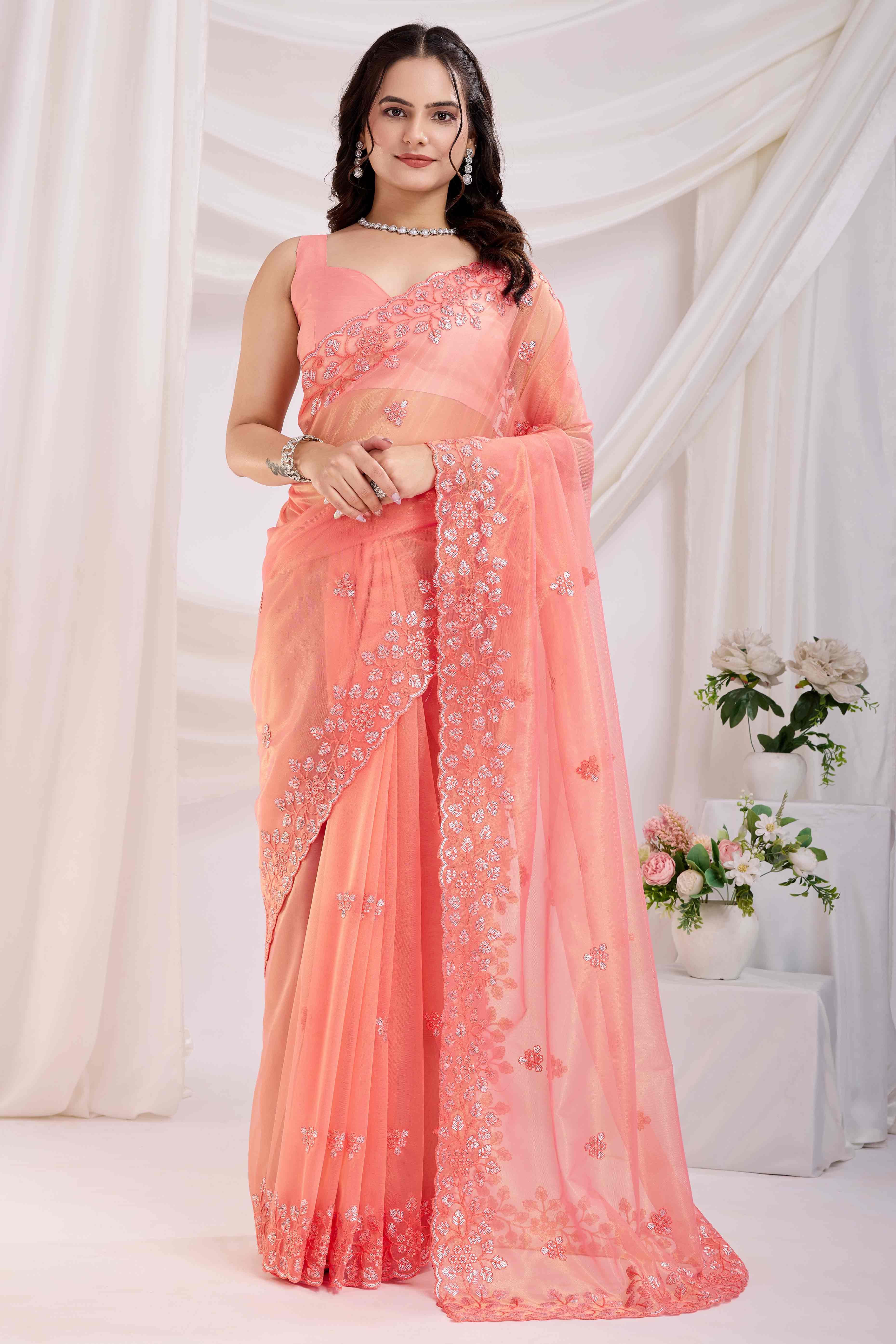 Peach Floral Sequins Embroidered Twill Net Saree - Image 3