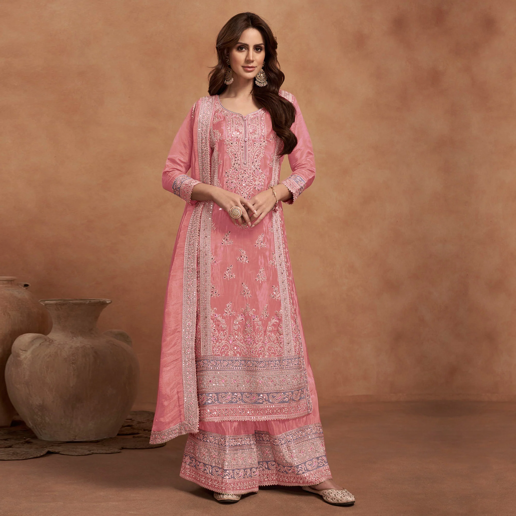 Peach Floral Sequins Embroidered Vichitra Silk Semi Stitched Palazzo Suit - Image 2