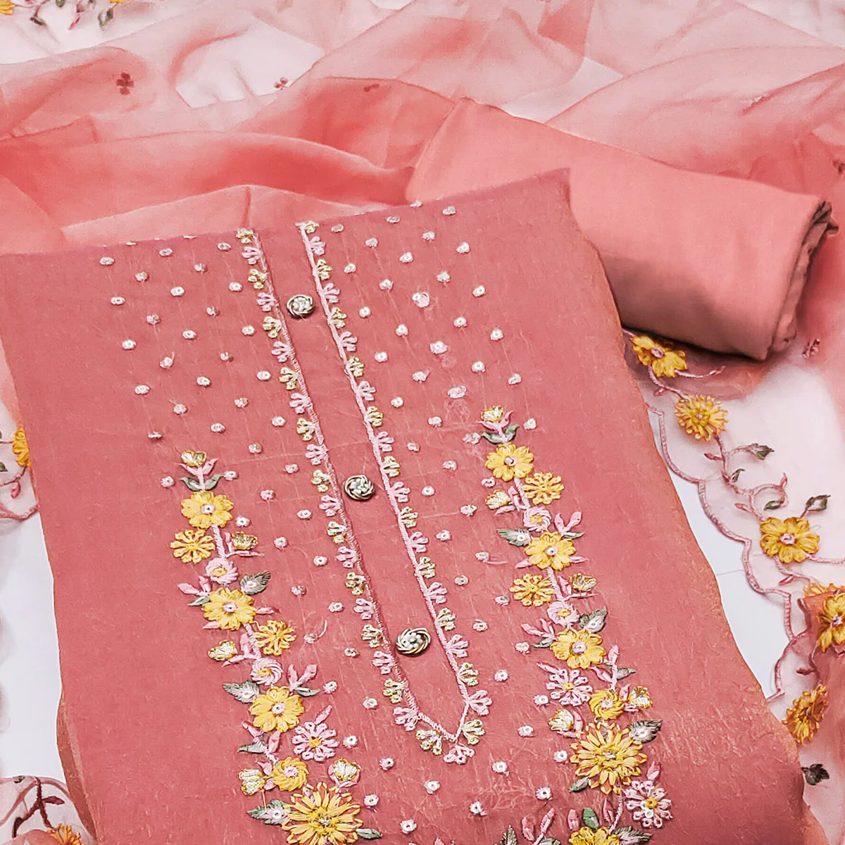 Peach Floral Sequins Embroidered Viscose Dress Material - Image 2