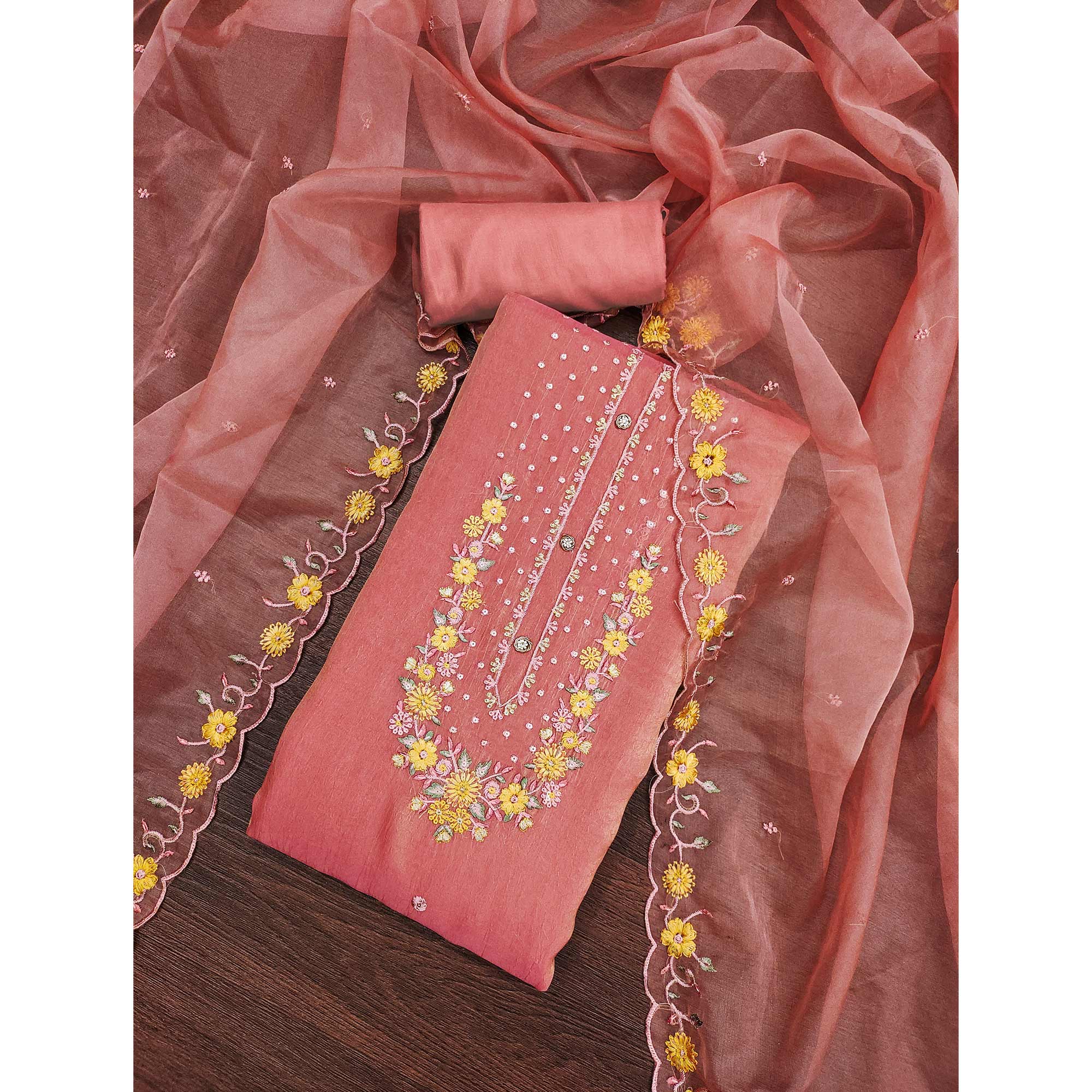 Peach Floral Sequins Embroidered Viscose Dress Material - Image 3
