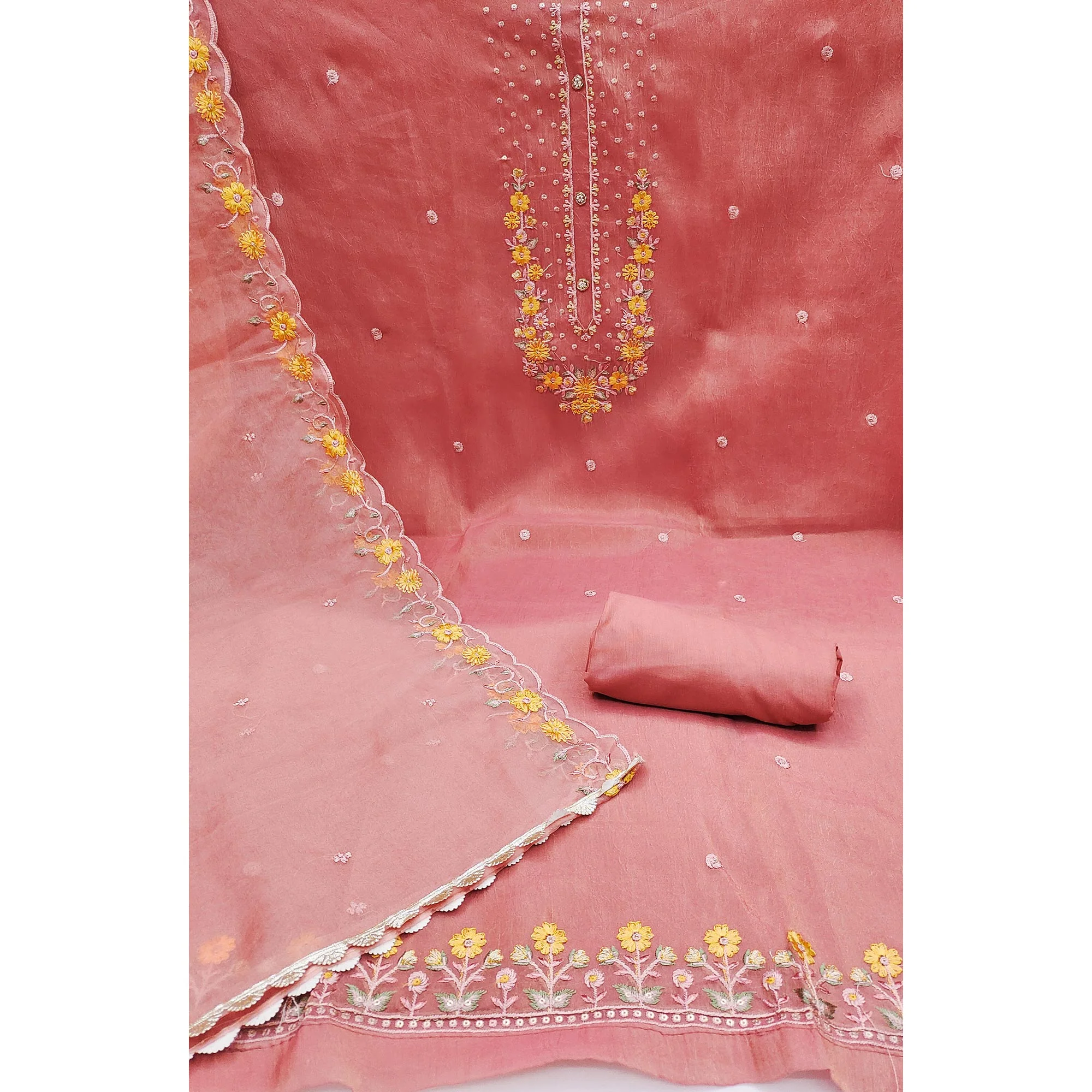 Peach Floral Sequins Embroidered Viscose Dress Material - Image 4
