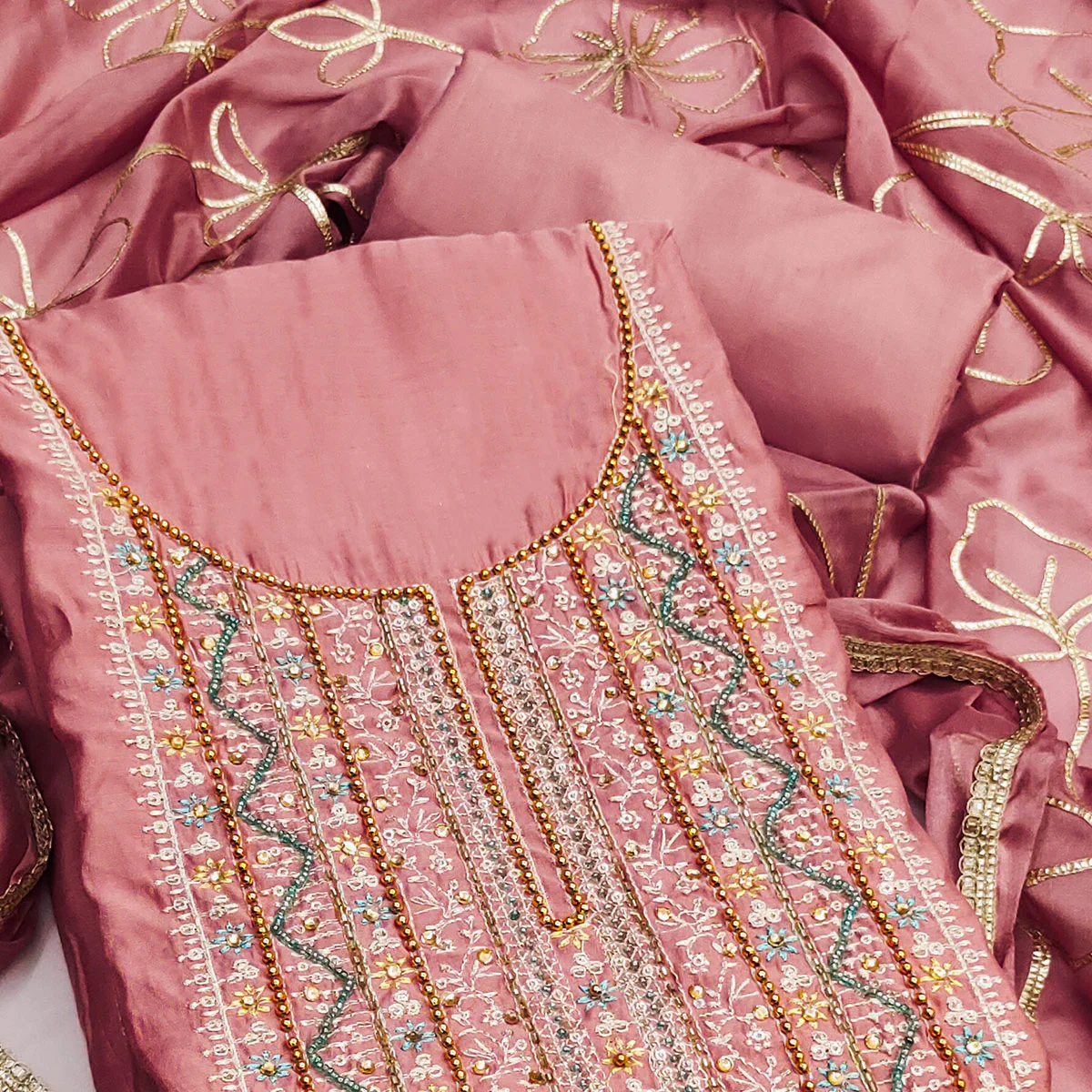 Peach Floral Sequins Embroidery With Handwork Cotton Silk Dress Material - Image 2