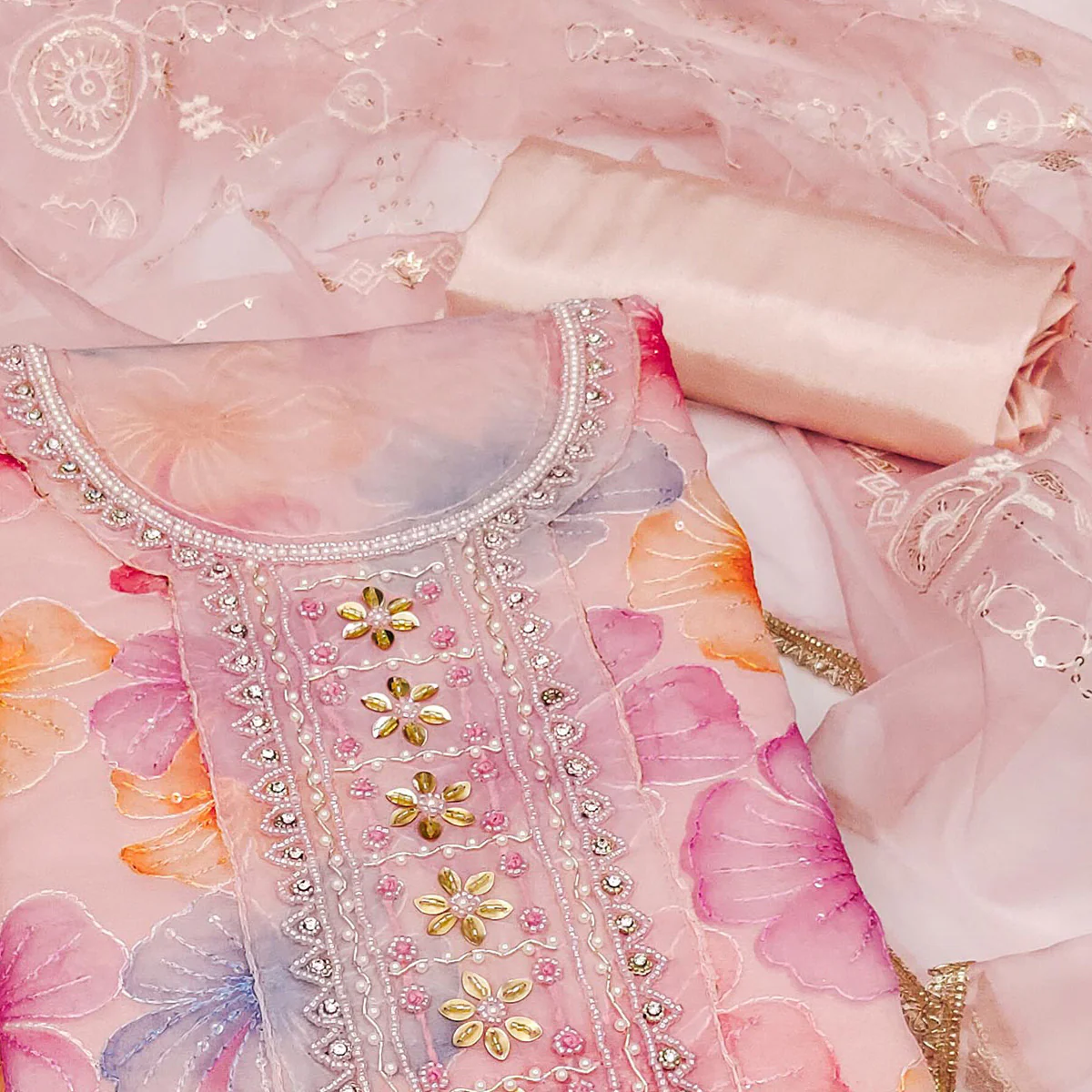 Peach Floral Sequins Embroidery With Handwork Organza Dress Material - Image 2