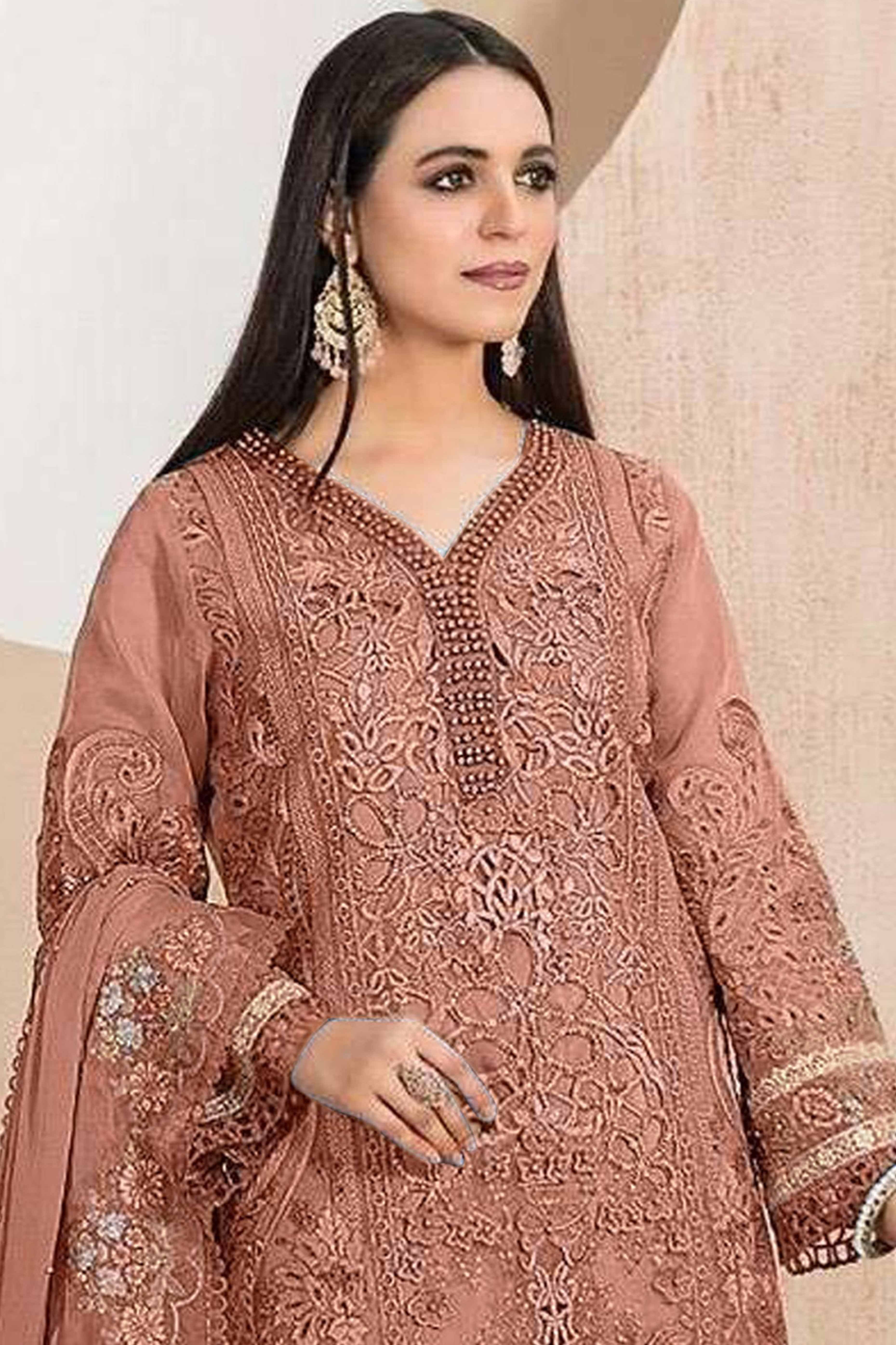 Peach Floral Sequins Embroidery With Motiwork Organza Semi Stitched Pakistani Suit - Image 3