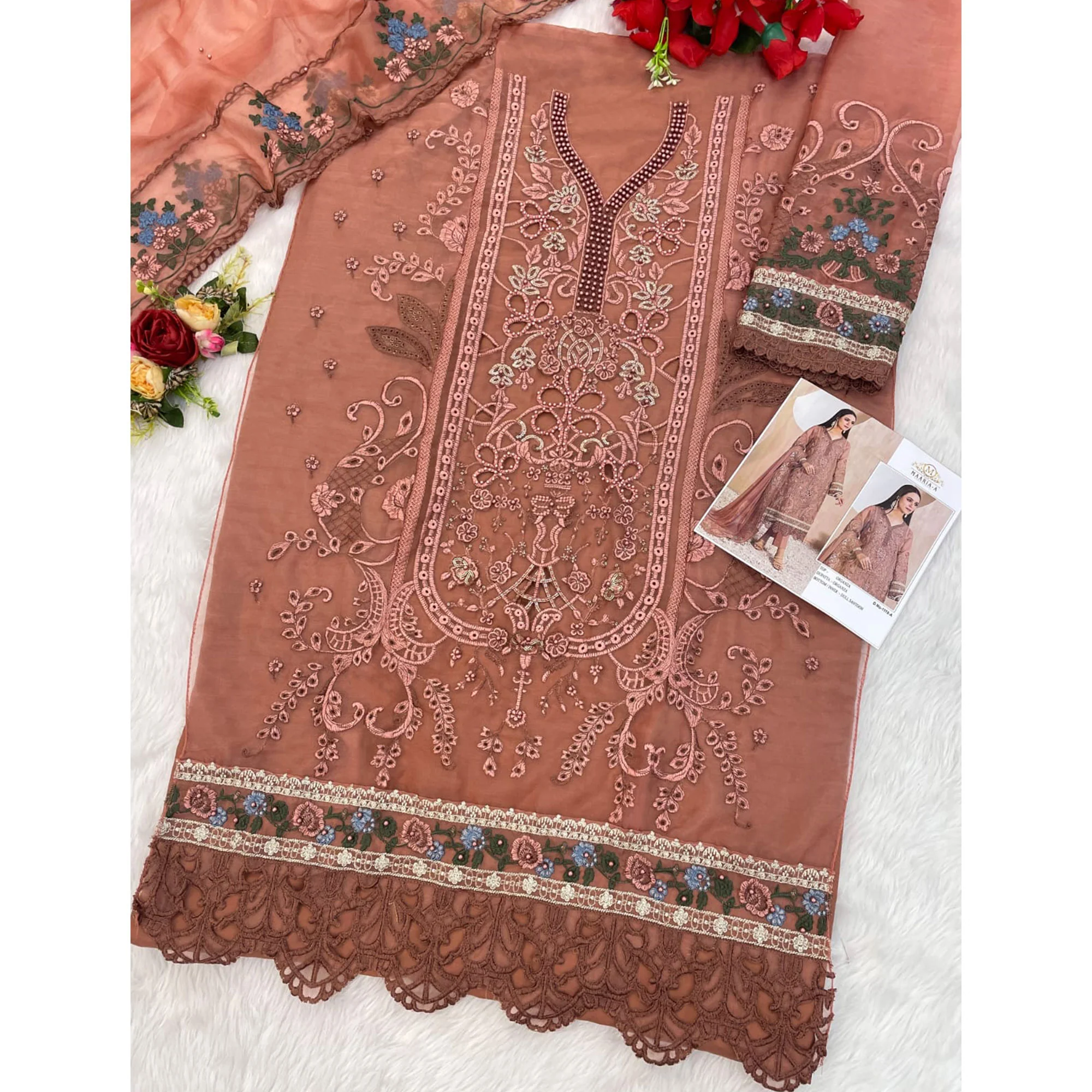 Peach Floral Sequins Embroidery With Motiwork Organza Semi Stitched Pakistani Suit - Image 4