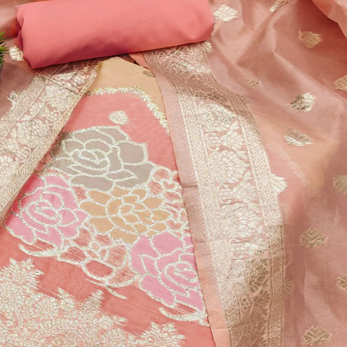 Peach Floral Woven Organza Dress Material - Image 2