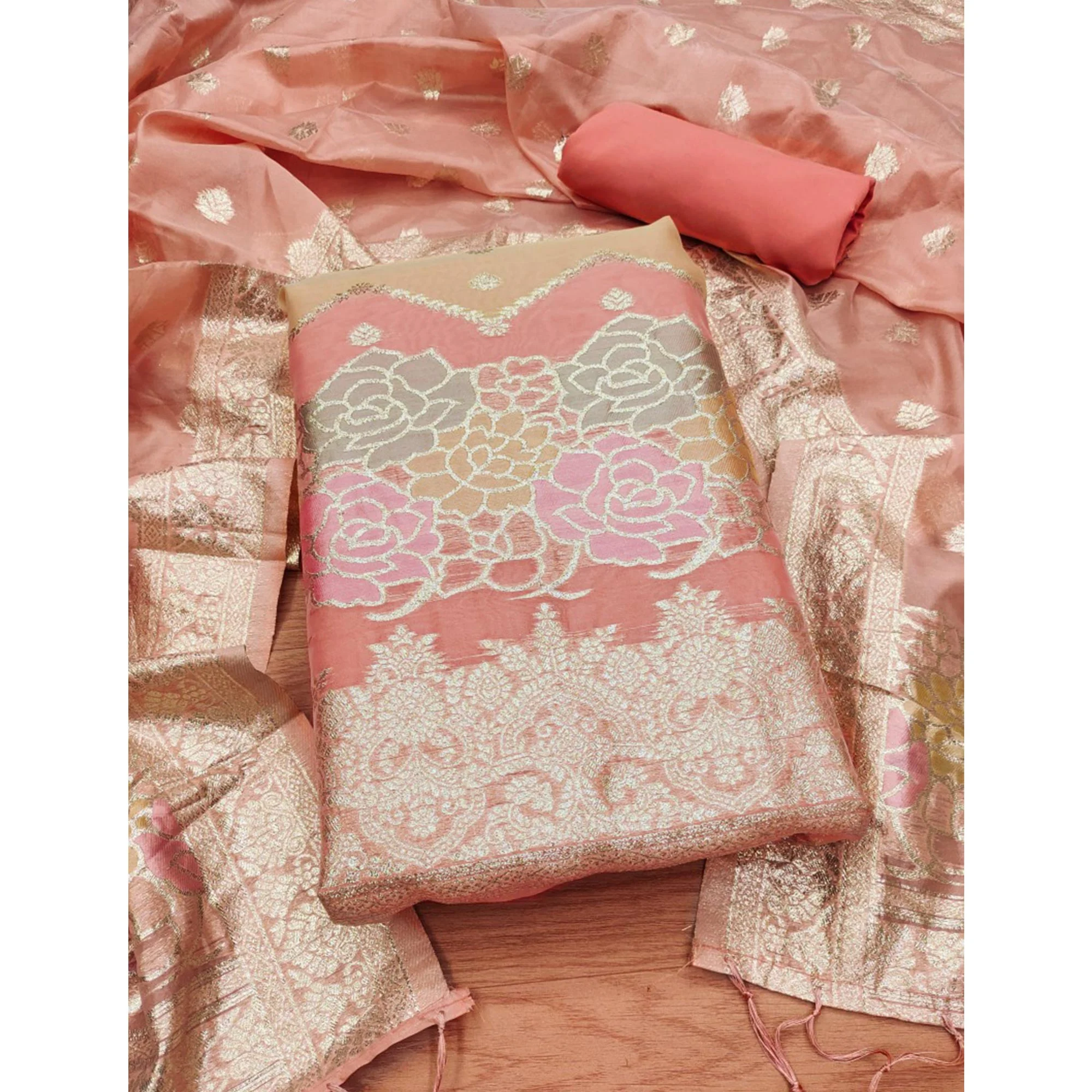 Peach Floral Woven Organza Dress Material - Image 3