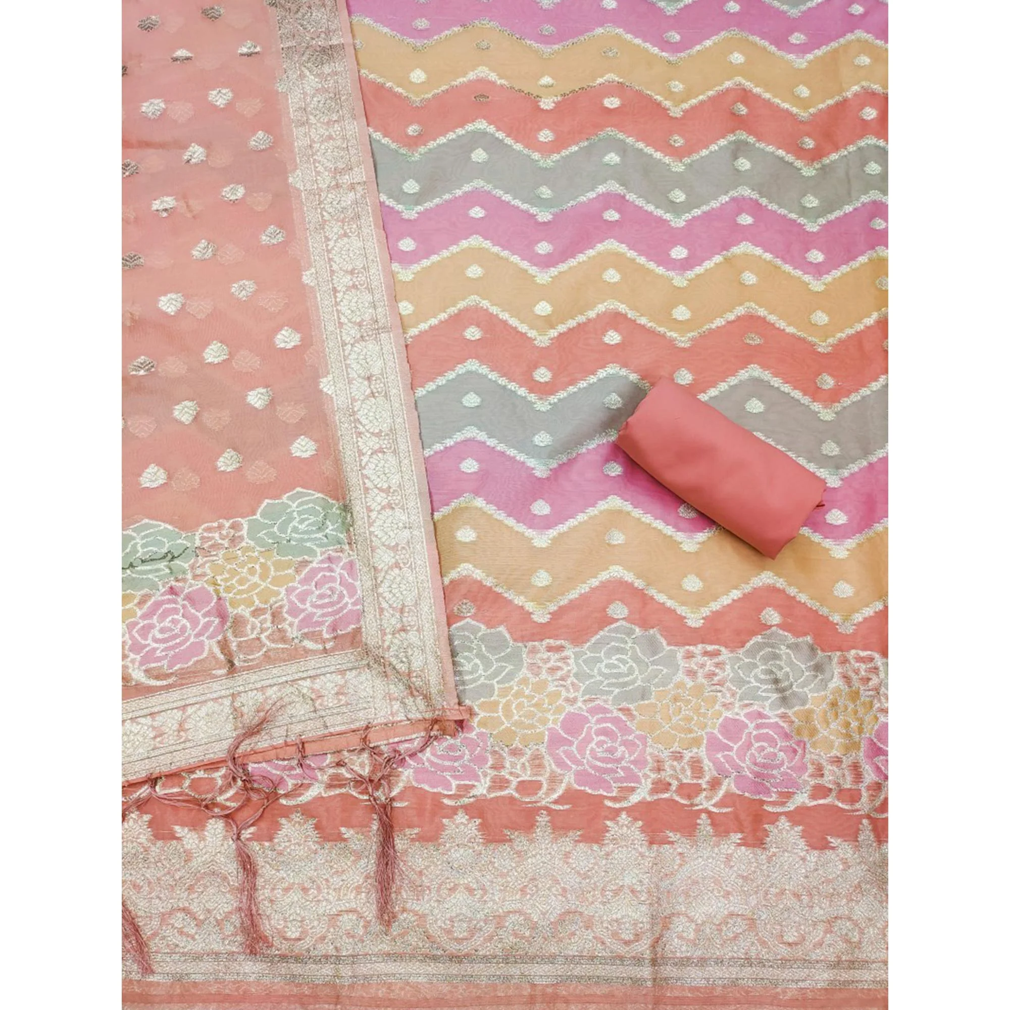 Peach Floral Woven Organza Dress Material - Image 4