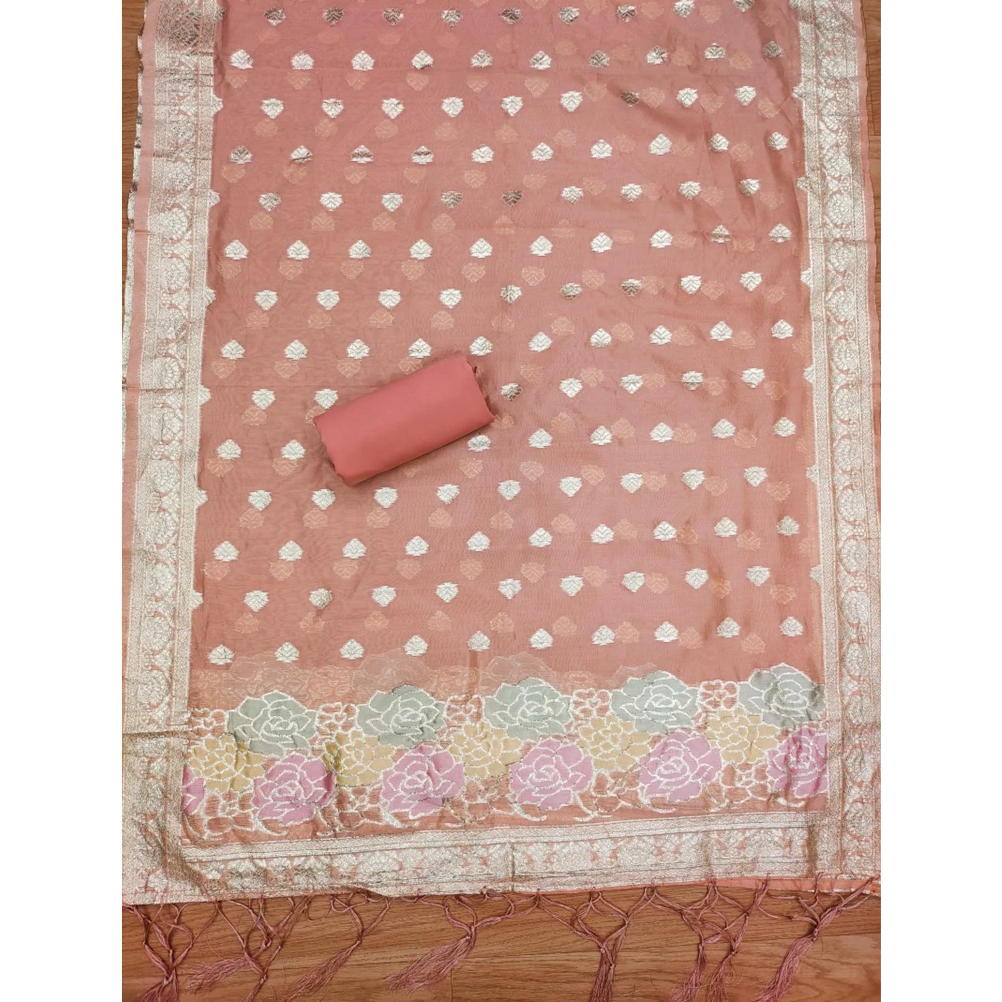 Peach Floral Woven Organza Dress Material - Image 5