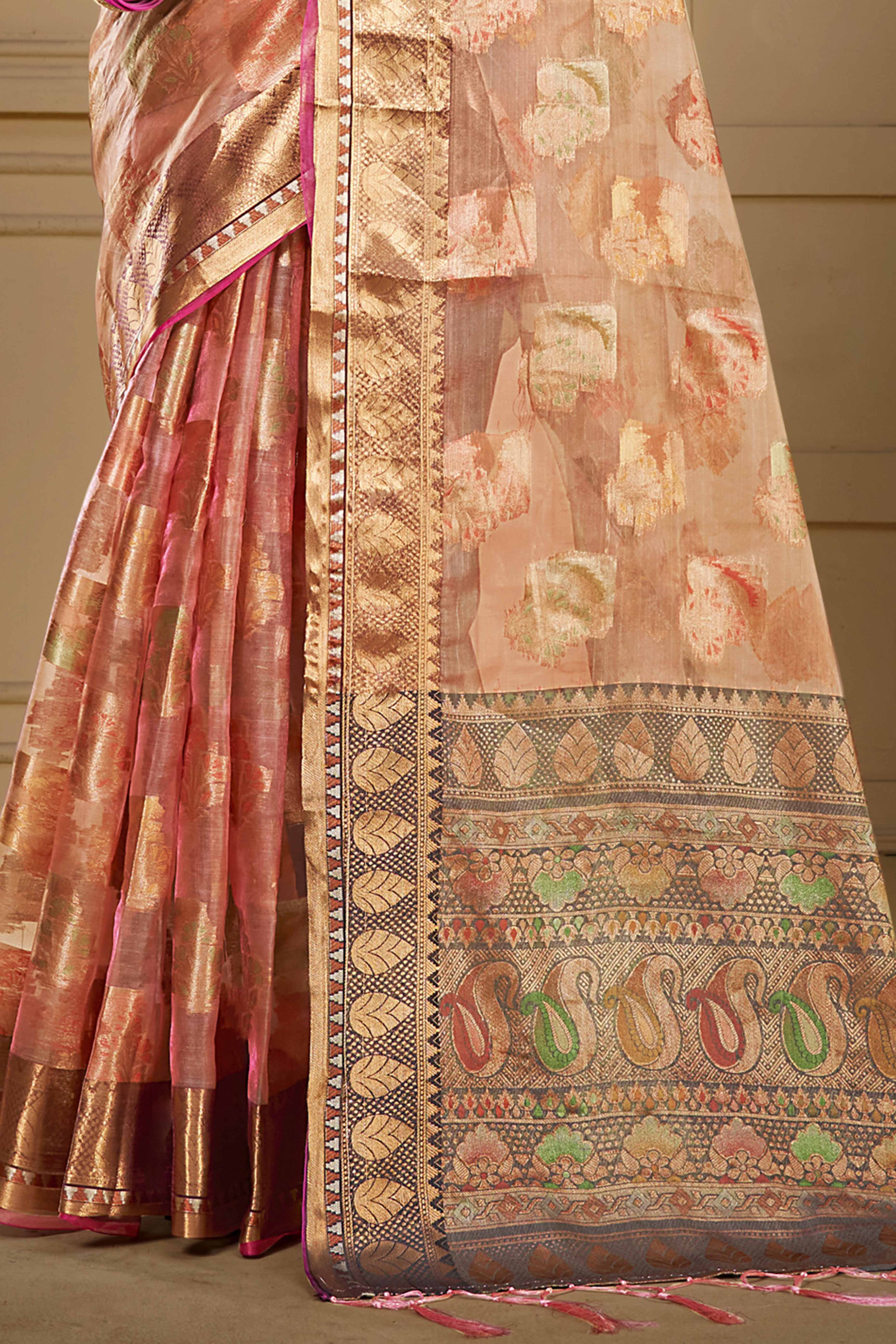Peach Floral Woven Organza Saree With Tassels - Image 4