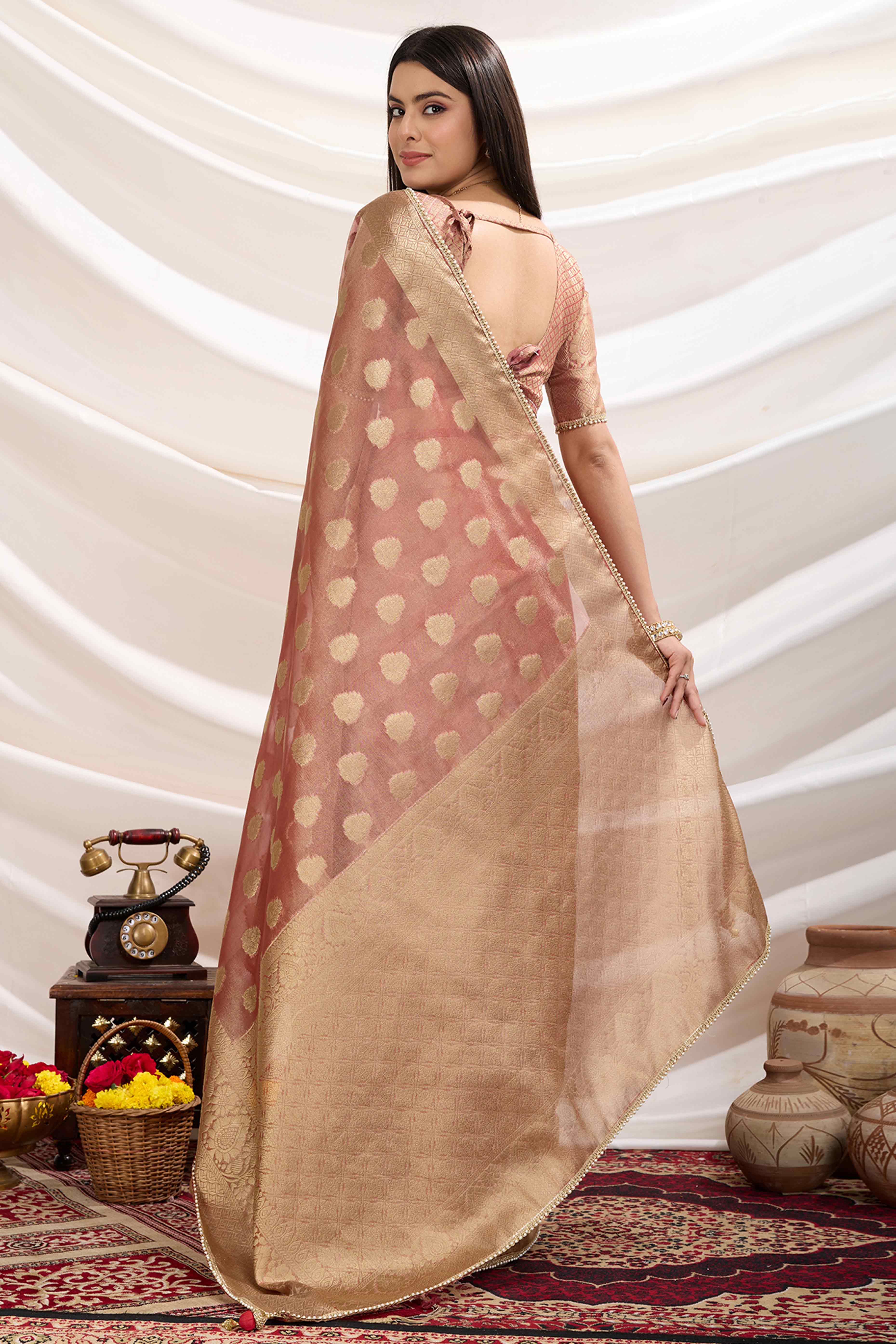 Peach Floral Woven Tissue Silk Saree With Pearl Lace & Designer Tassels - Image 3