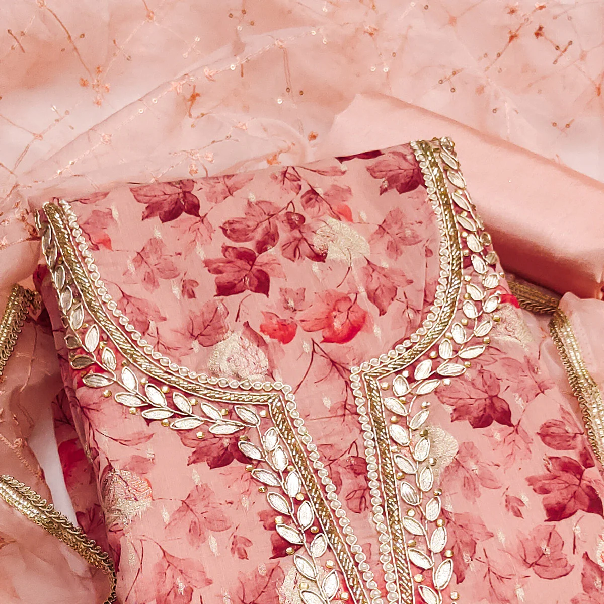Peach Floral Woven With Handwork Viscose Banarasi Dress Material - Image 2