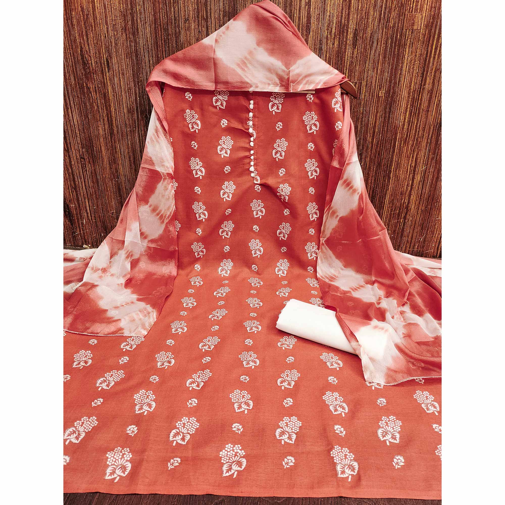 Peach Foil Floral Printed Cotton Blend Dress Material - Image 4