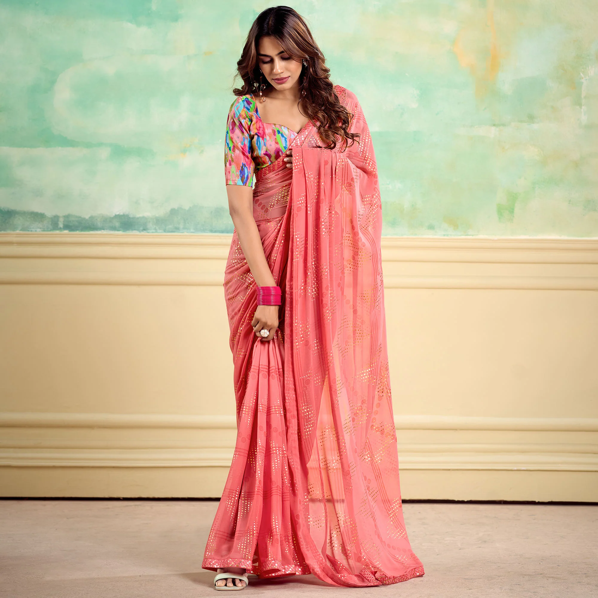 Peach Foil Printed With Sequins Georgette Saree - Image 2