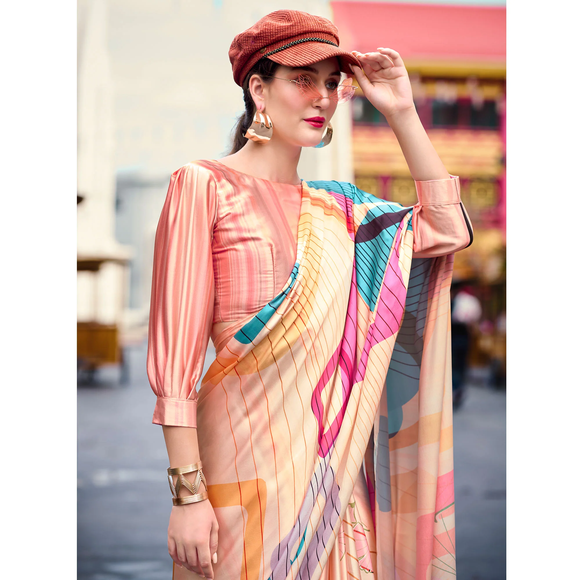 Peach Geometric Digital Printed Pure Satin Saree - Image 5