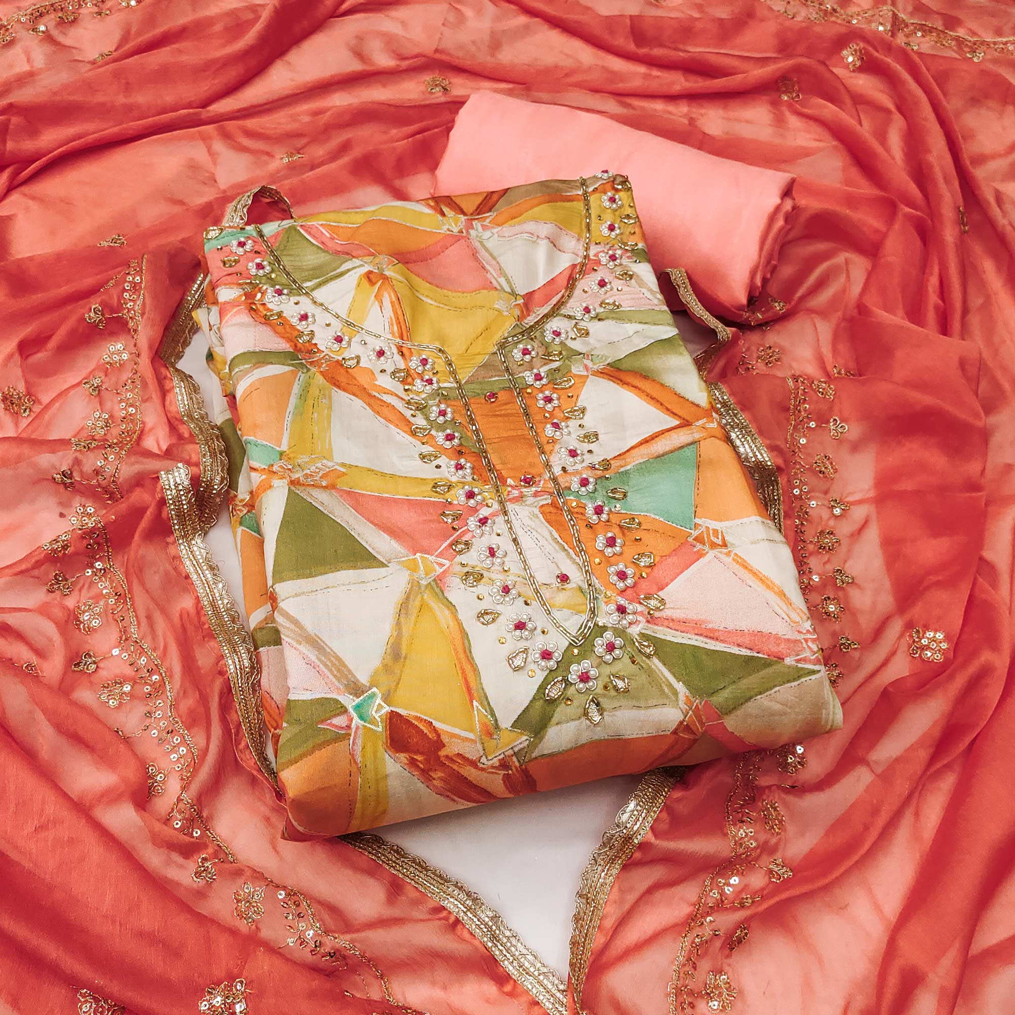 Peach Geometric Digital Printed With Handwork Roman Cotton Silk Dress Material - Image 3