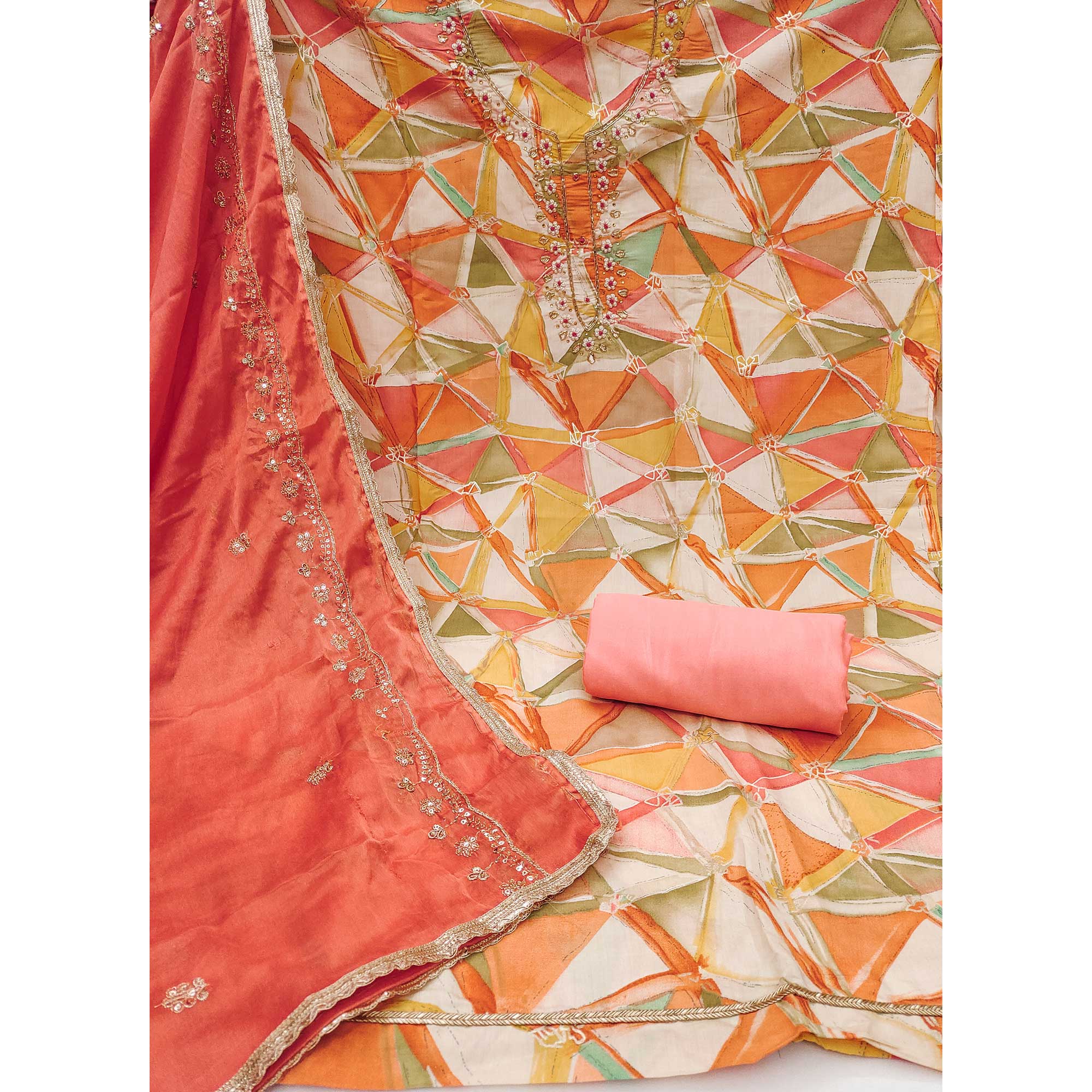Peach Geometric Digital Printed With Handwork Roman Cotton Silk Dress Material - Image 4