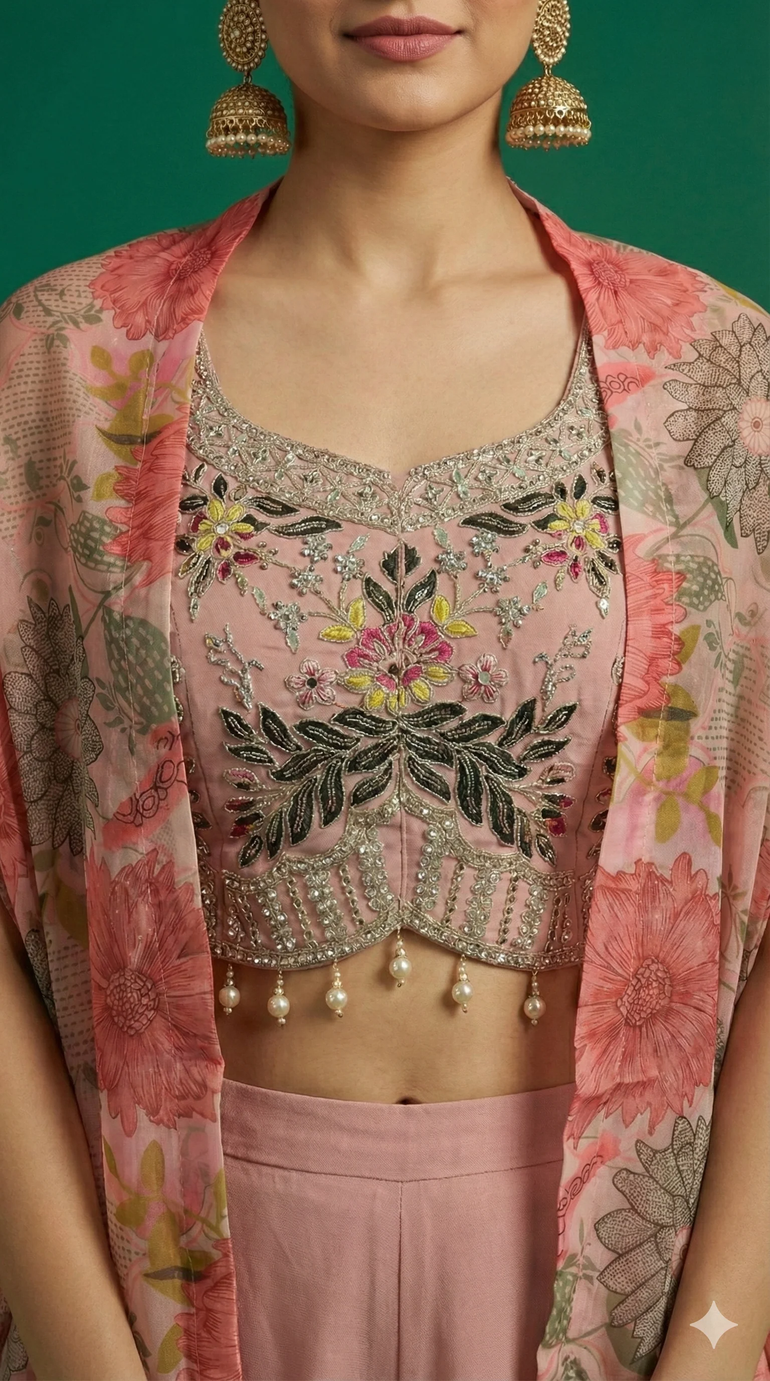 Peach Georgette Floral Printed & Embroidered Crop Top Ensemble with Coordinating Shrug and Palazzos - Image 2