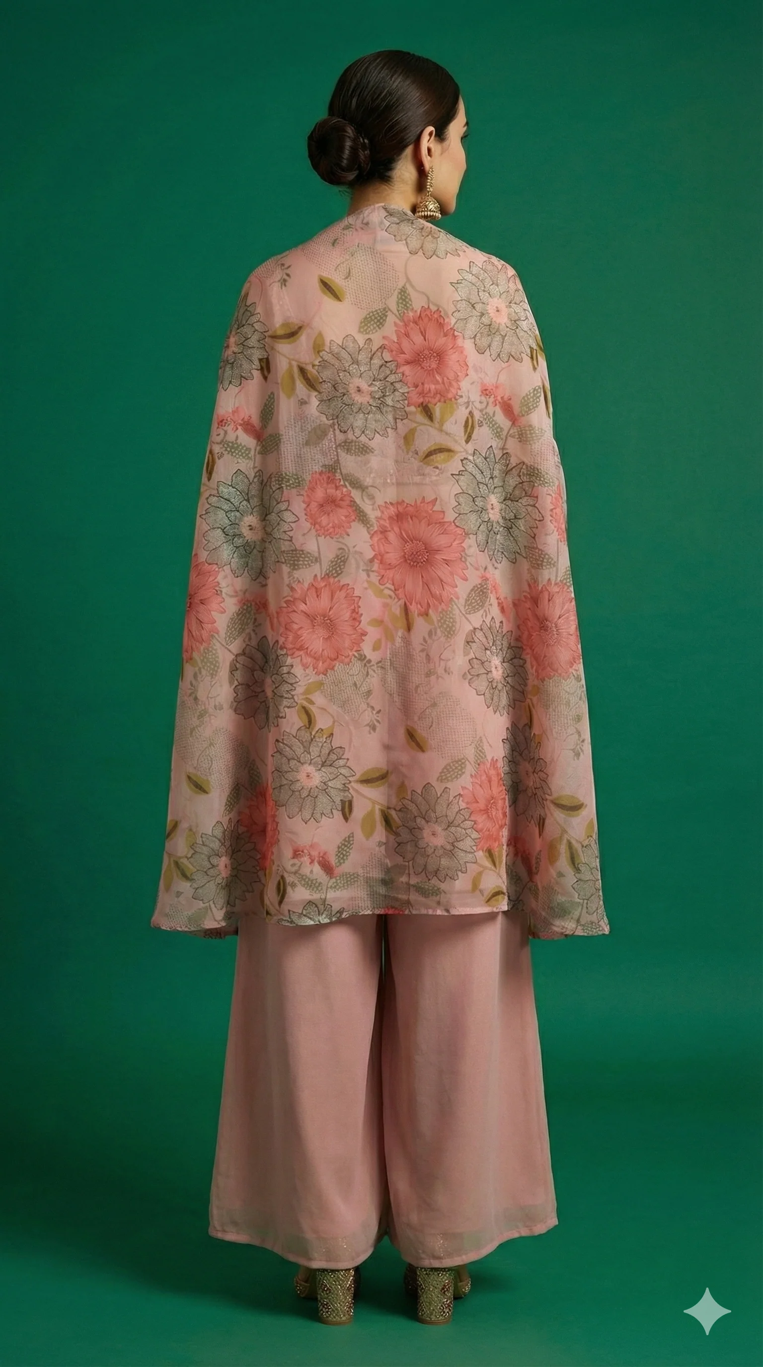 Peach Georgette Floral Printed & Embroidered Crop Top Ensemble with Coordinating Shrug and Palazzos - Image 3