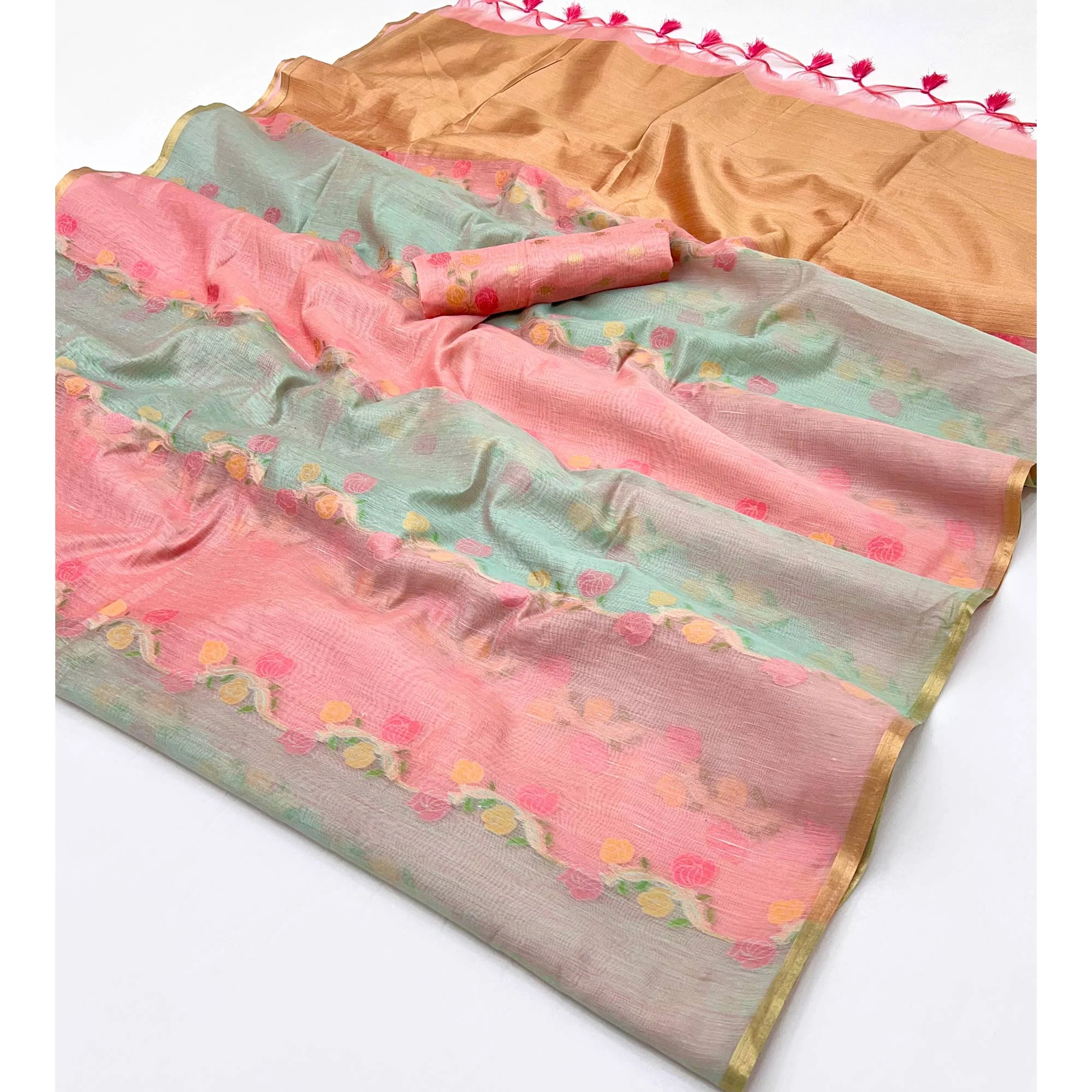 Peach & Grey Floral Handwoven Cotton Blend Saree - Image 4