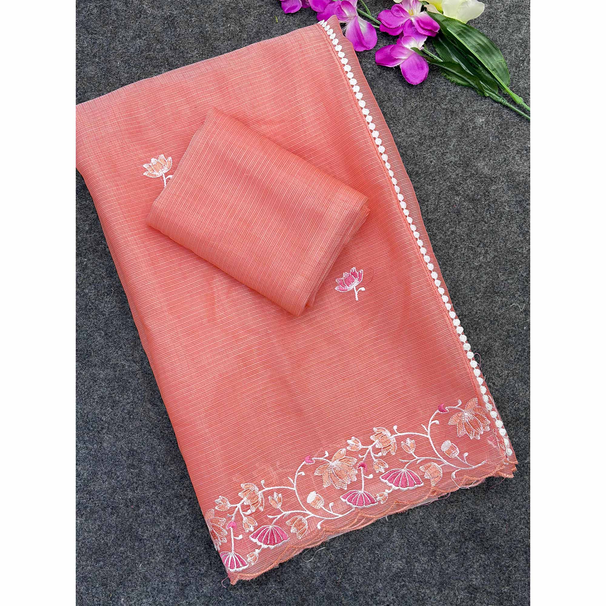 Peach Handwoven Kota Doria Saree Featuring Rich Gota Work for a Festive Look - Image 3