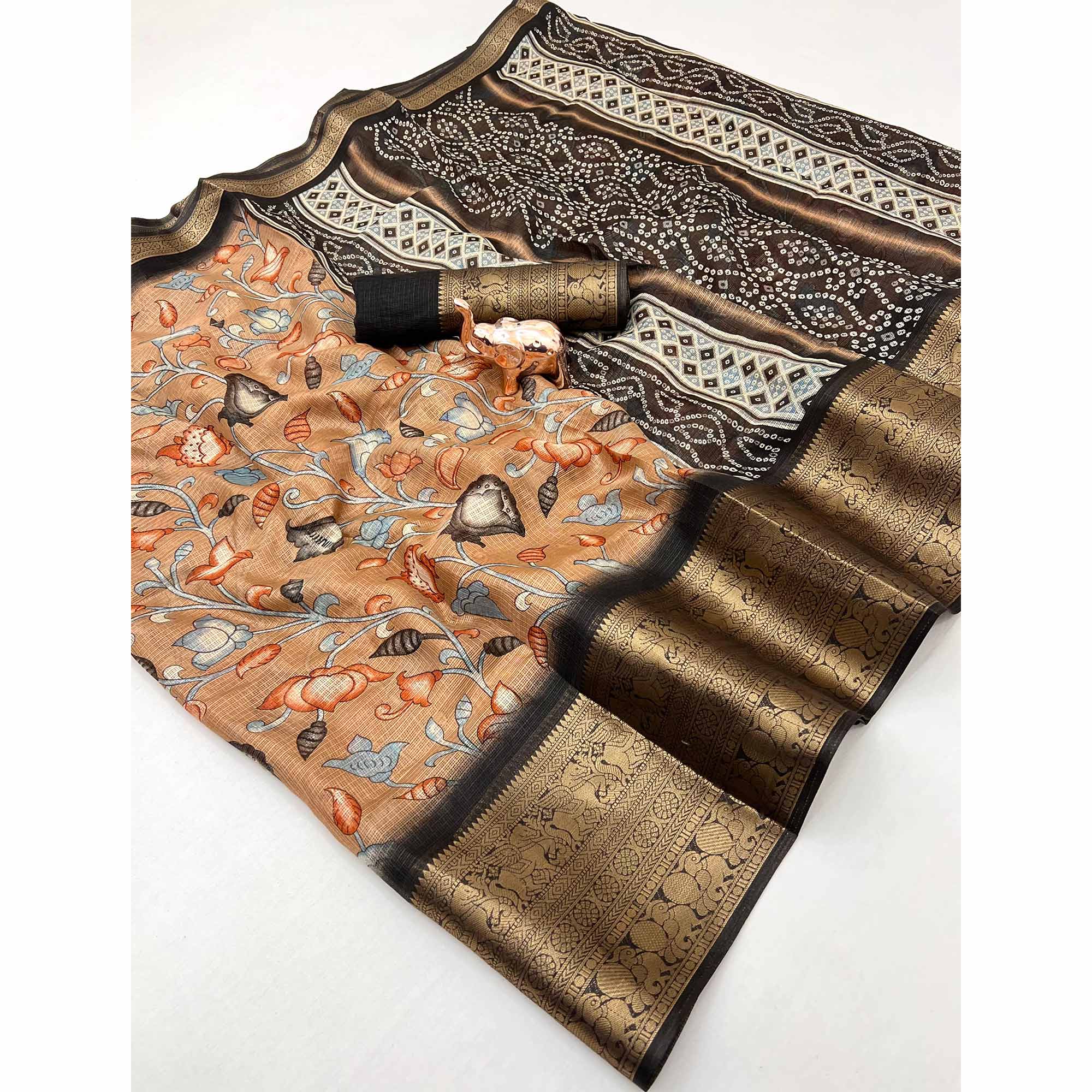 Peach Kashmiri Floral Printed Kota Doria Saree With Bandhani Pallu & Rich Zari Weaving Border - Image 3