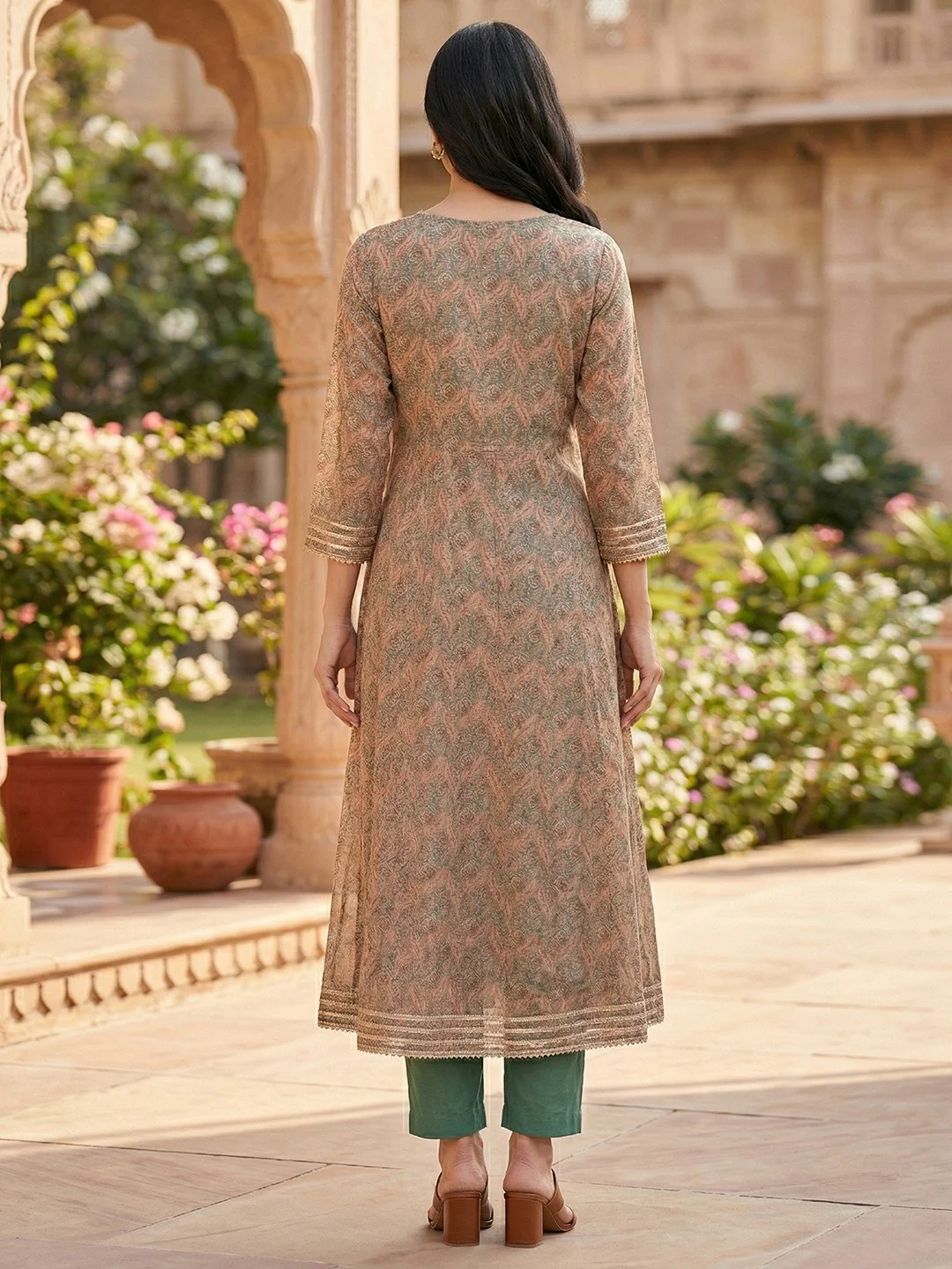Peach Kota Doria Printed with Yoke Embellishment Salwar Suit Set with Dupatta - Image 3